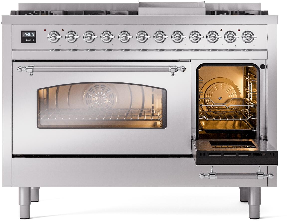 Stainless steel freestanding dual fuel range with large oven door windows, front view