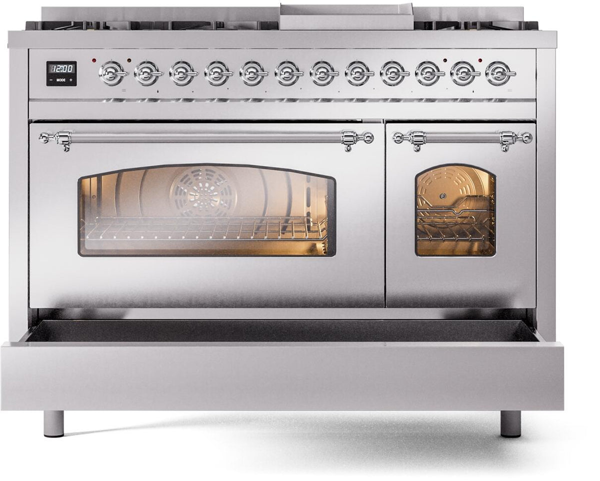 Stainless steel freestanding dual fuel range with closed oven doors and chrome handles