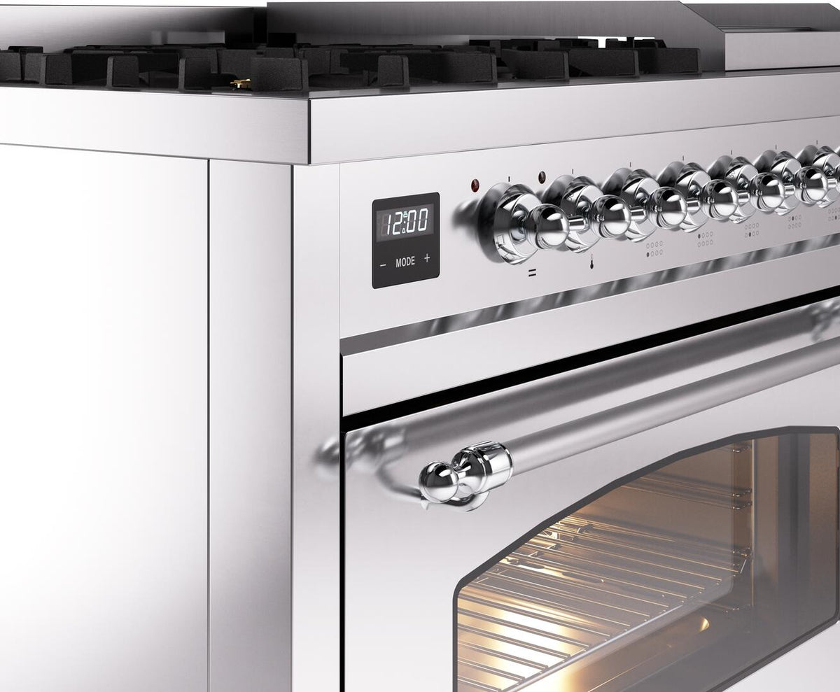 Stainless steel dual fuel range control knobs and oven handle with display, close-up