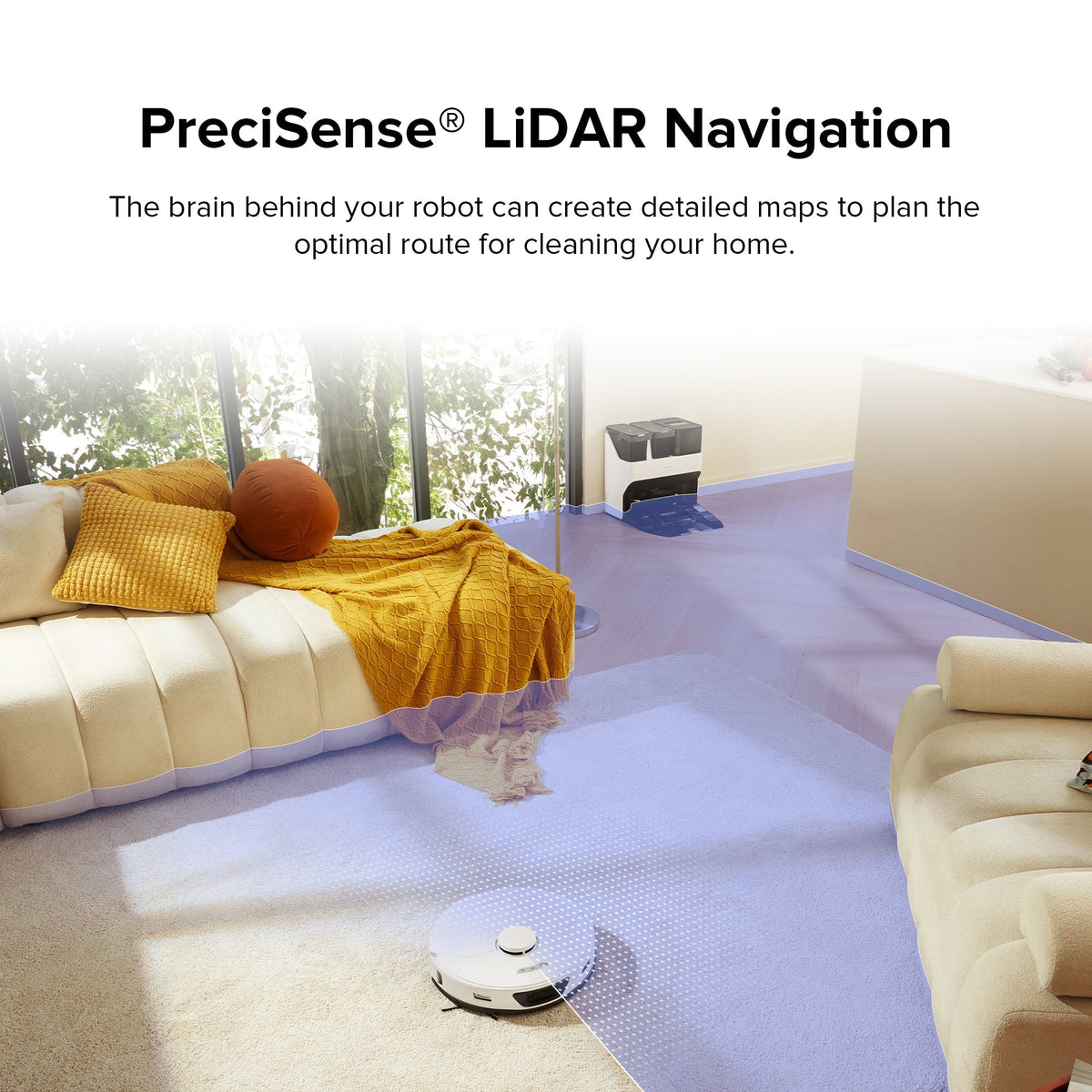 Robot vacuum on living room floor with navigation mapping feature panel