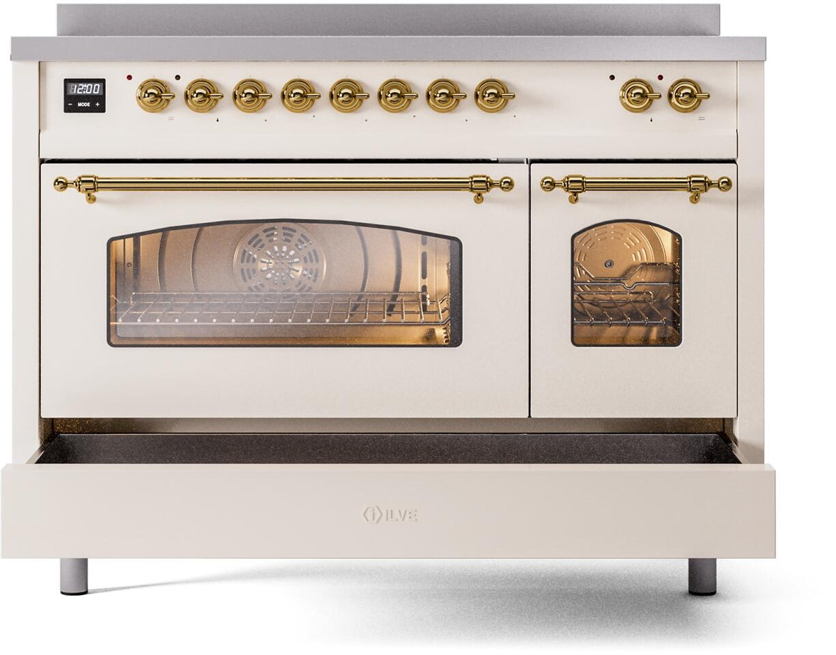 Freestanding electric induction range front view; large oven window and small brass door pull