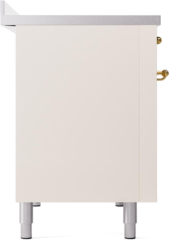 Antique white base cabinet of electric induction range with silver leveling feet