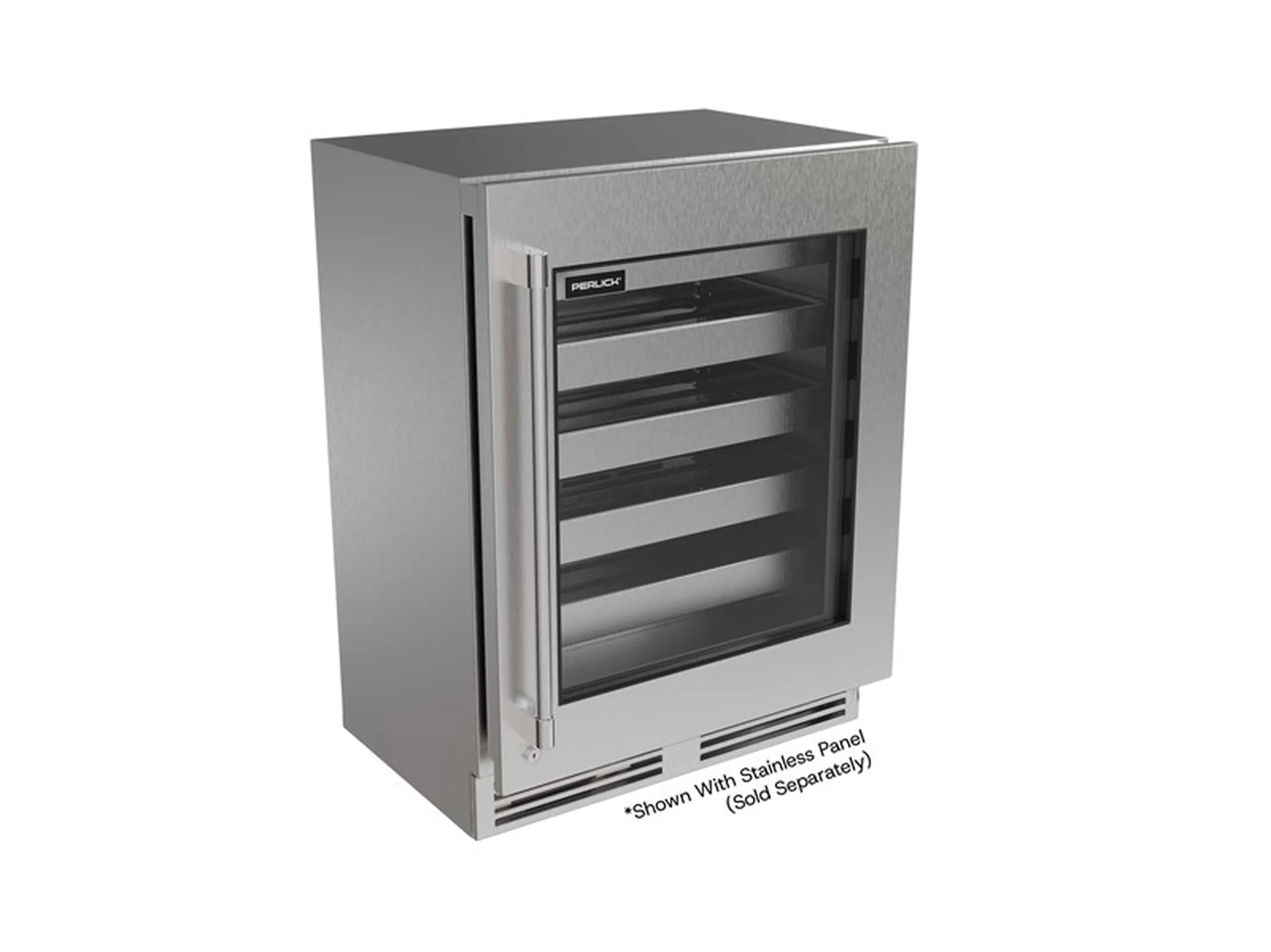 Perlick stainless undercounter wine cooler with hinged glass door and shelving