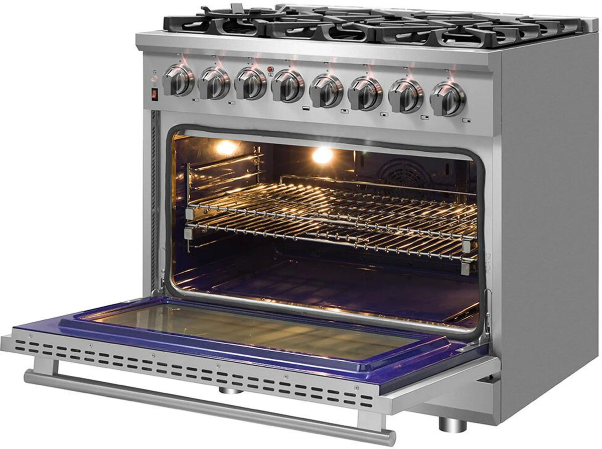 Stainless steel dual fuel range with oven door open, racks inside, and burner knobs