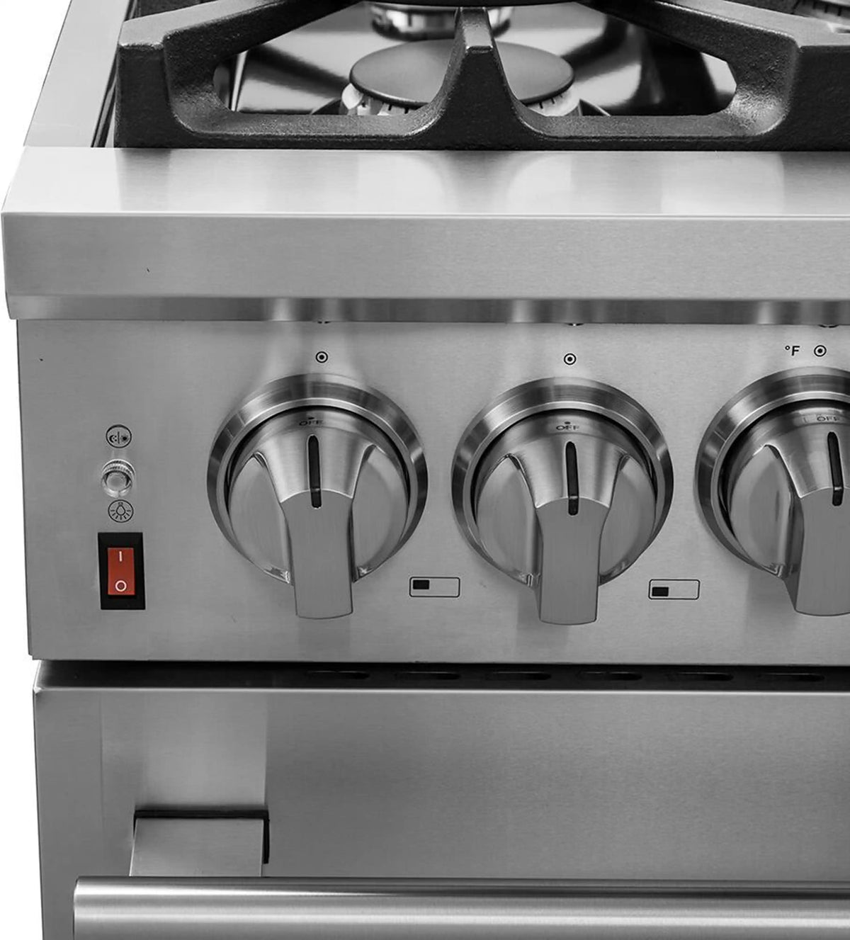Stainless steel dual fuel range front panel with three large control knobs and switches