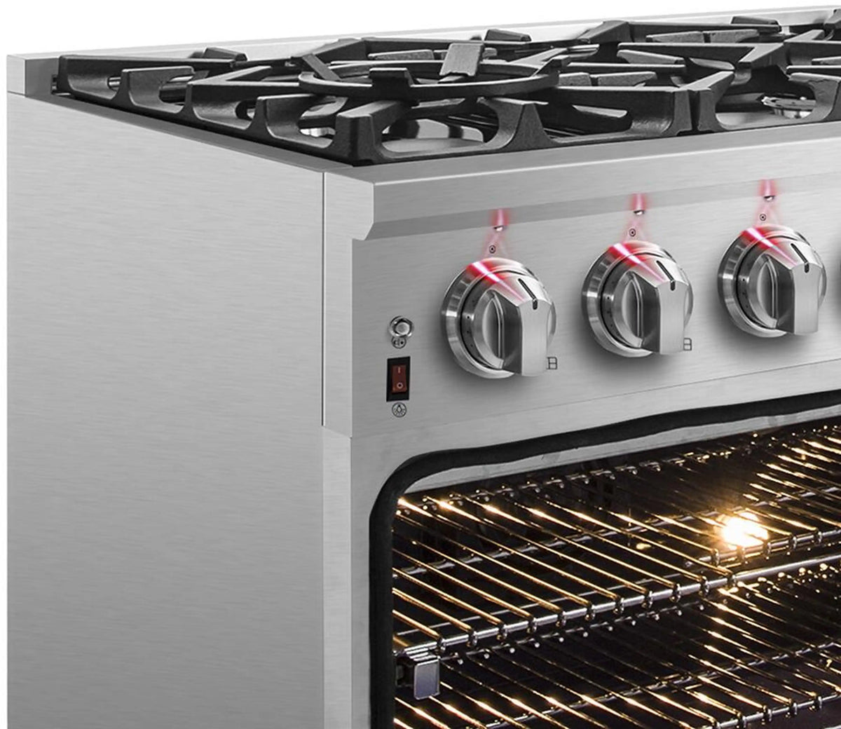 Stainless steel dual fuel range with burner knobs and open oven showing grill rack
