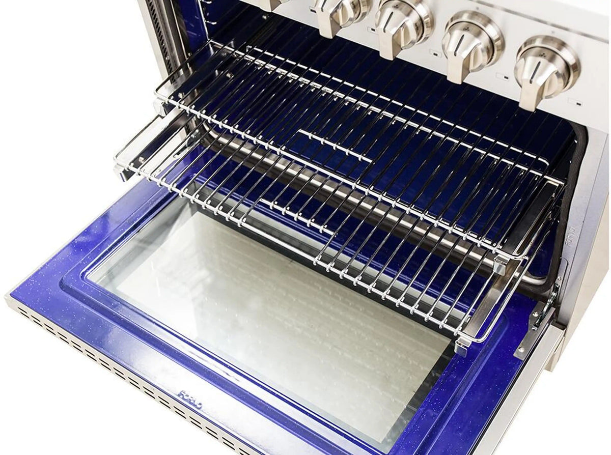 Dual fuel range oven with blue enamel floor and chrome wire racks
