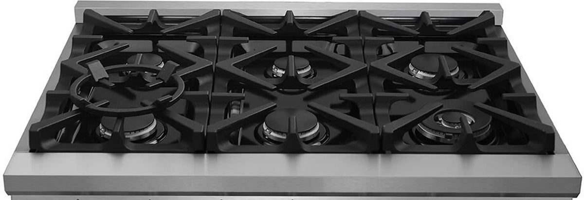 Stainless steel cooktop with four black cast-iron burner grates