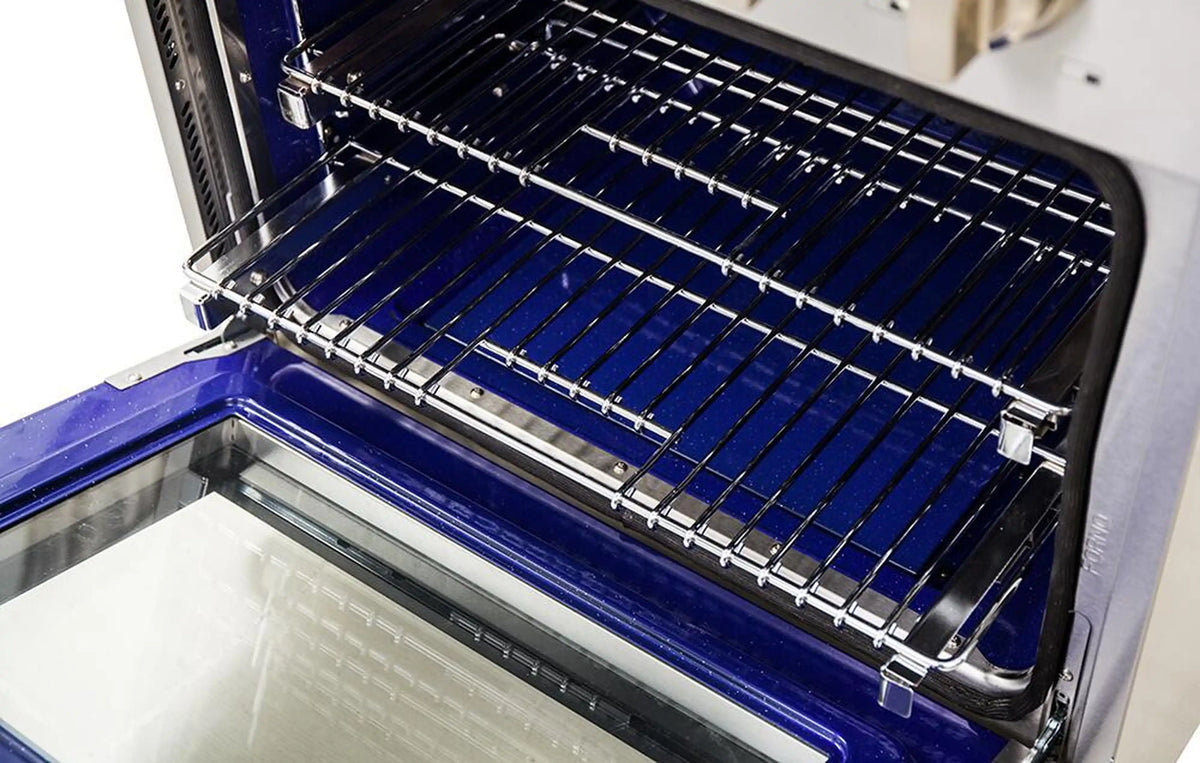 Dual fuel range oven with chrome racks over a blue enamel oven base
