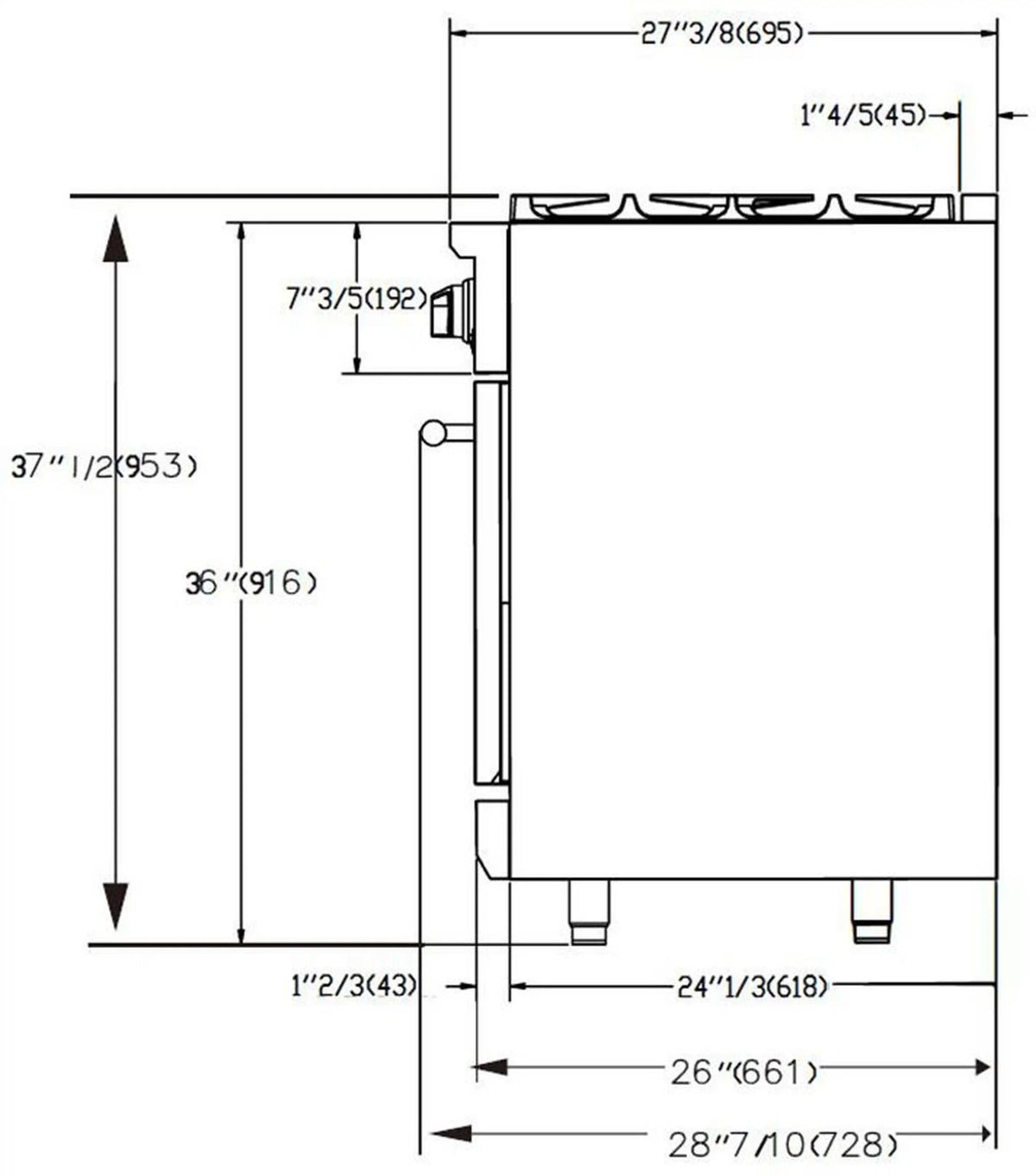 36-inch dual fuel range dimensional diagram with height and width measurements