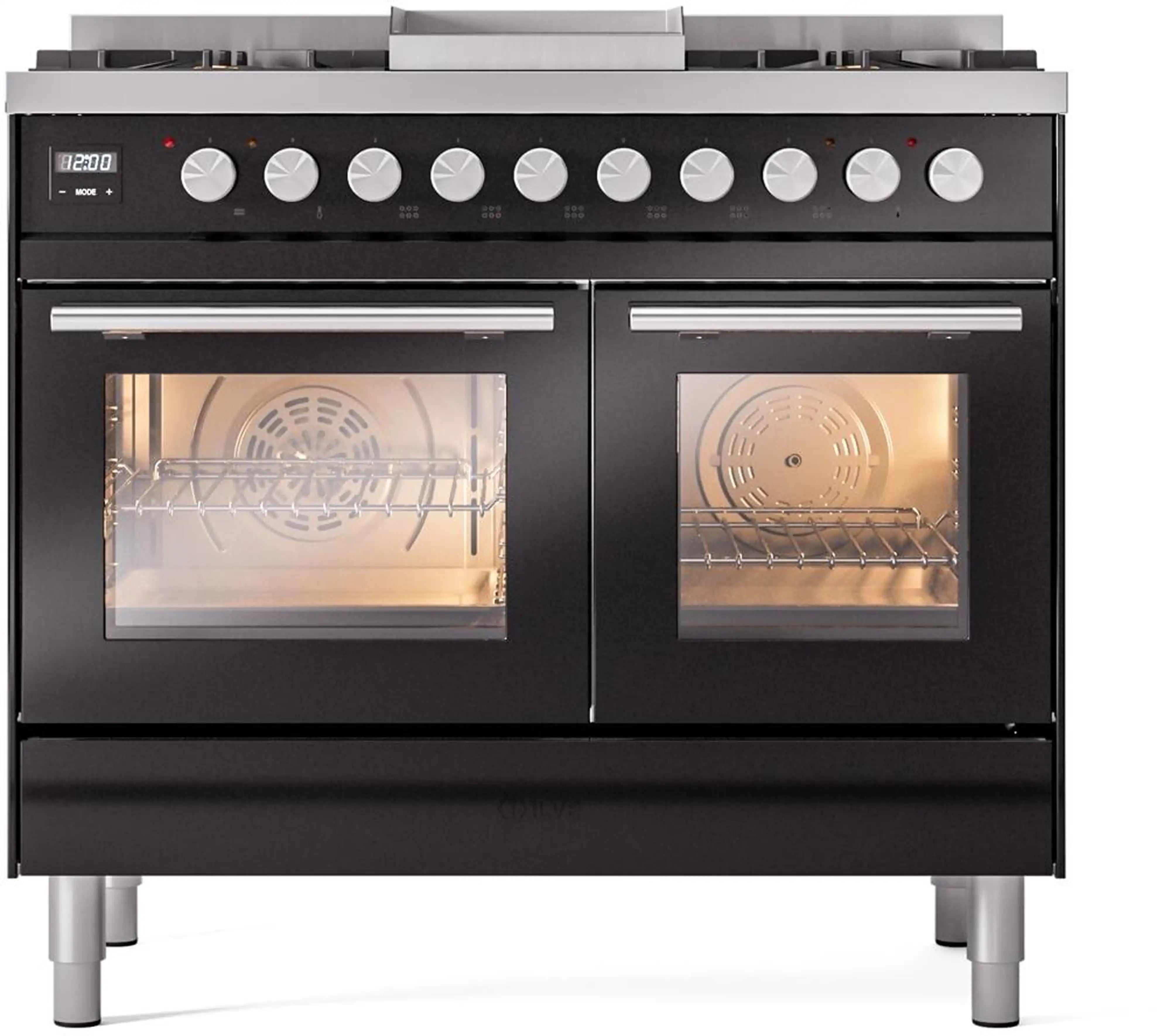 Glossy black freestanding dual-fuel range with open ovens showing racks and lights