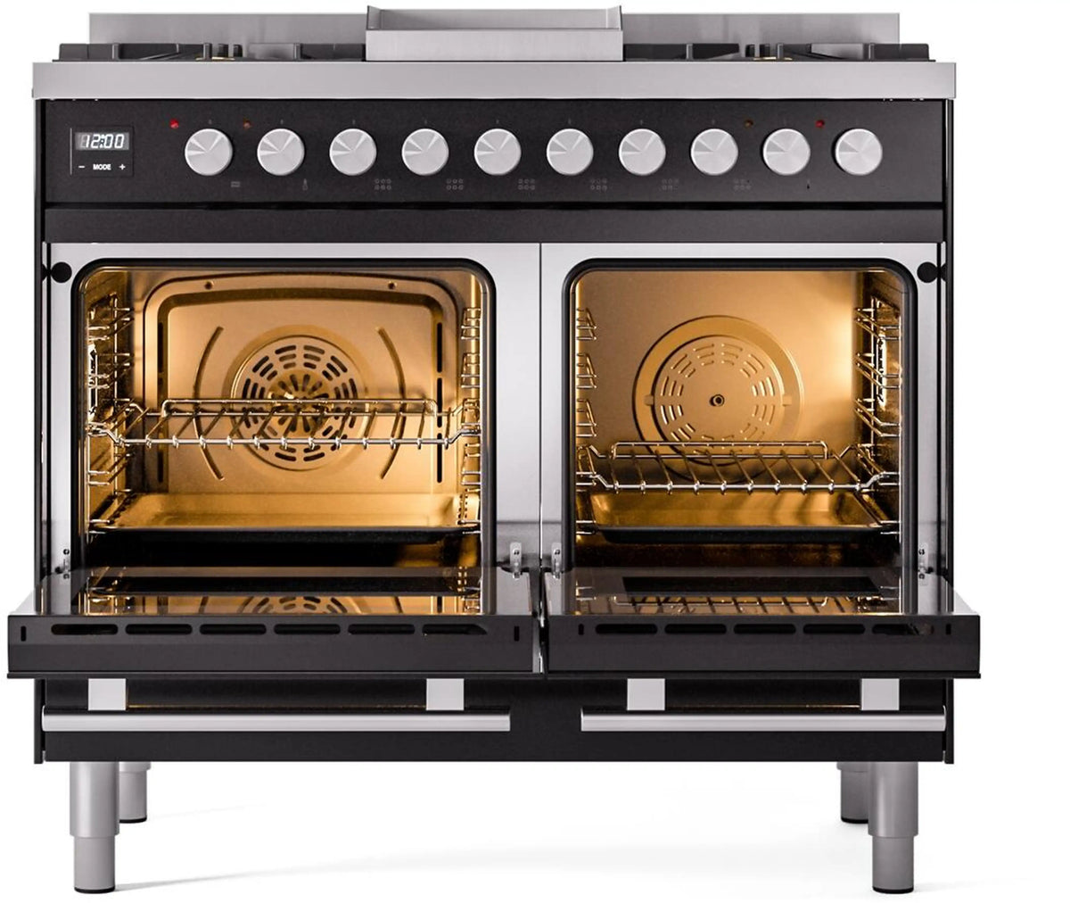 Dual-fuel range with two open ovens showing interior racks and convection fan