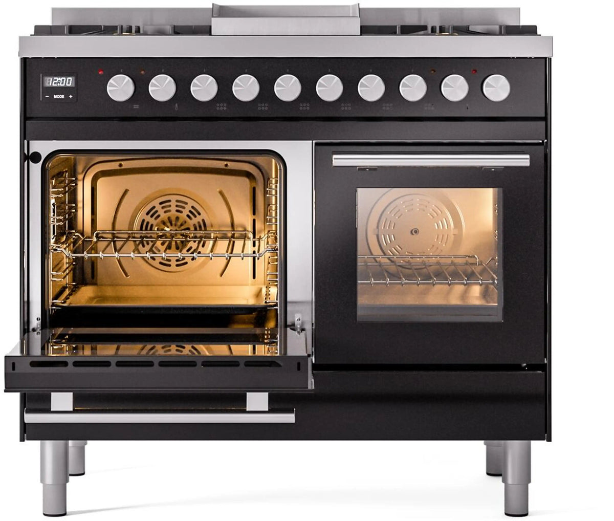 Dual-fuel range front view with left and right ovens open and illuminated