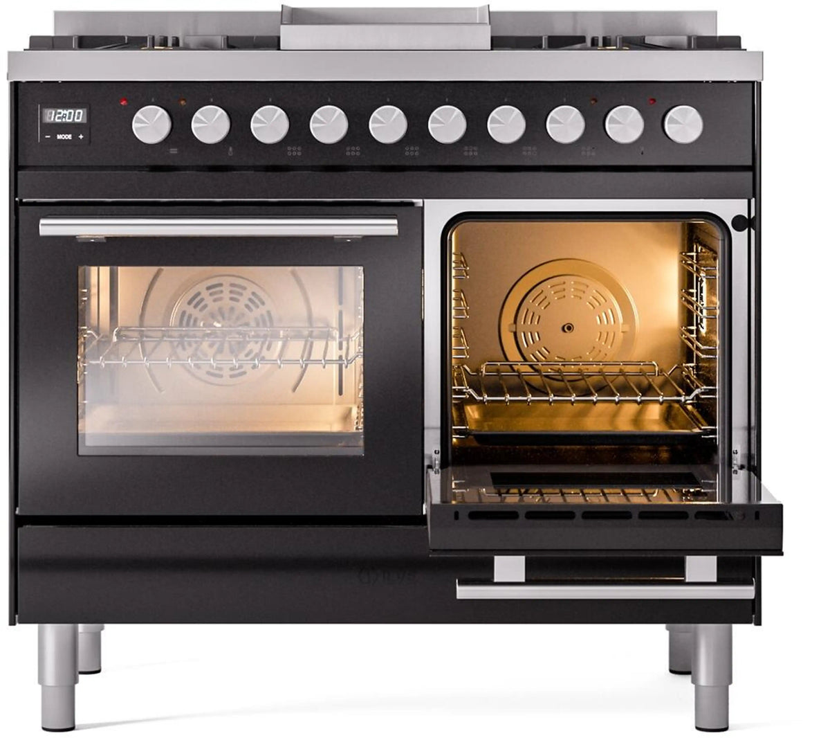 Glossy black dual-fuel range with open oven doors and control knobs across the back