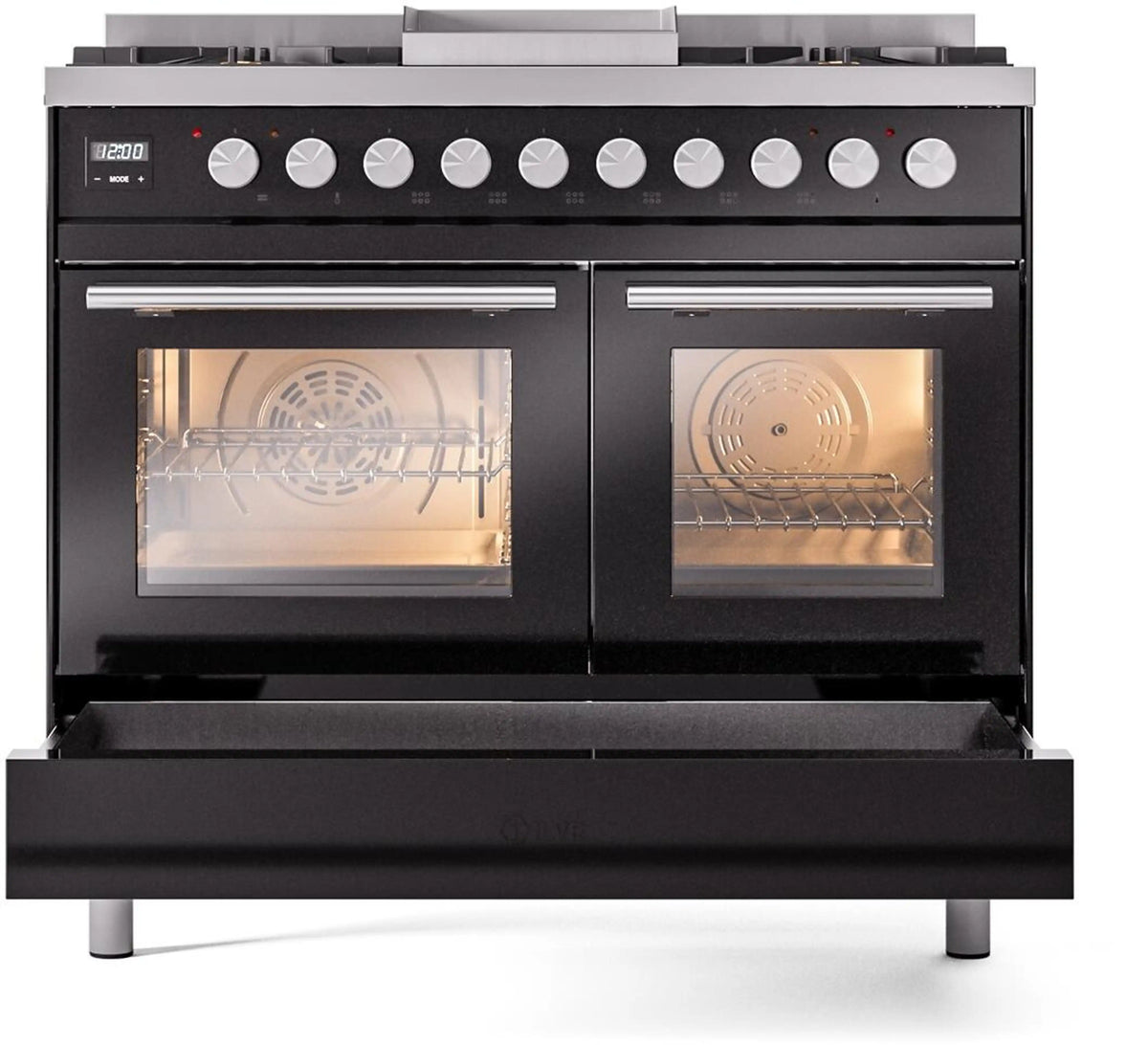 Glossy black freestanding range with dual oven doors, control knobs, and front cooktop