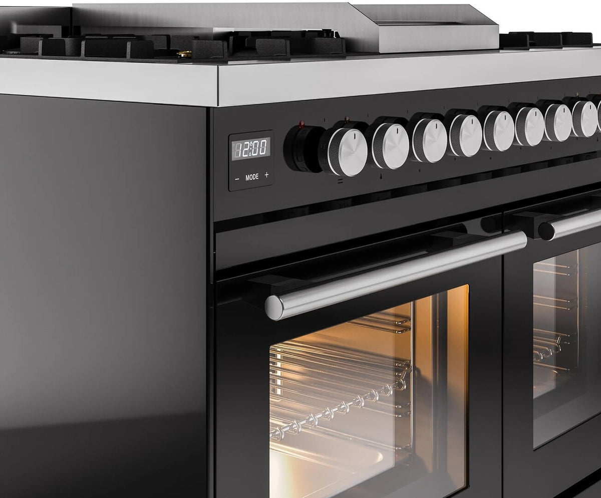 Glossy black range with round control knobs and stainless oven handle; oven door below