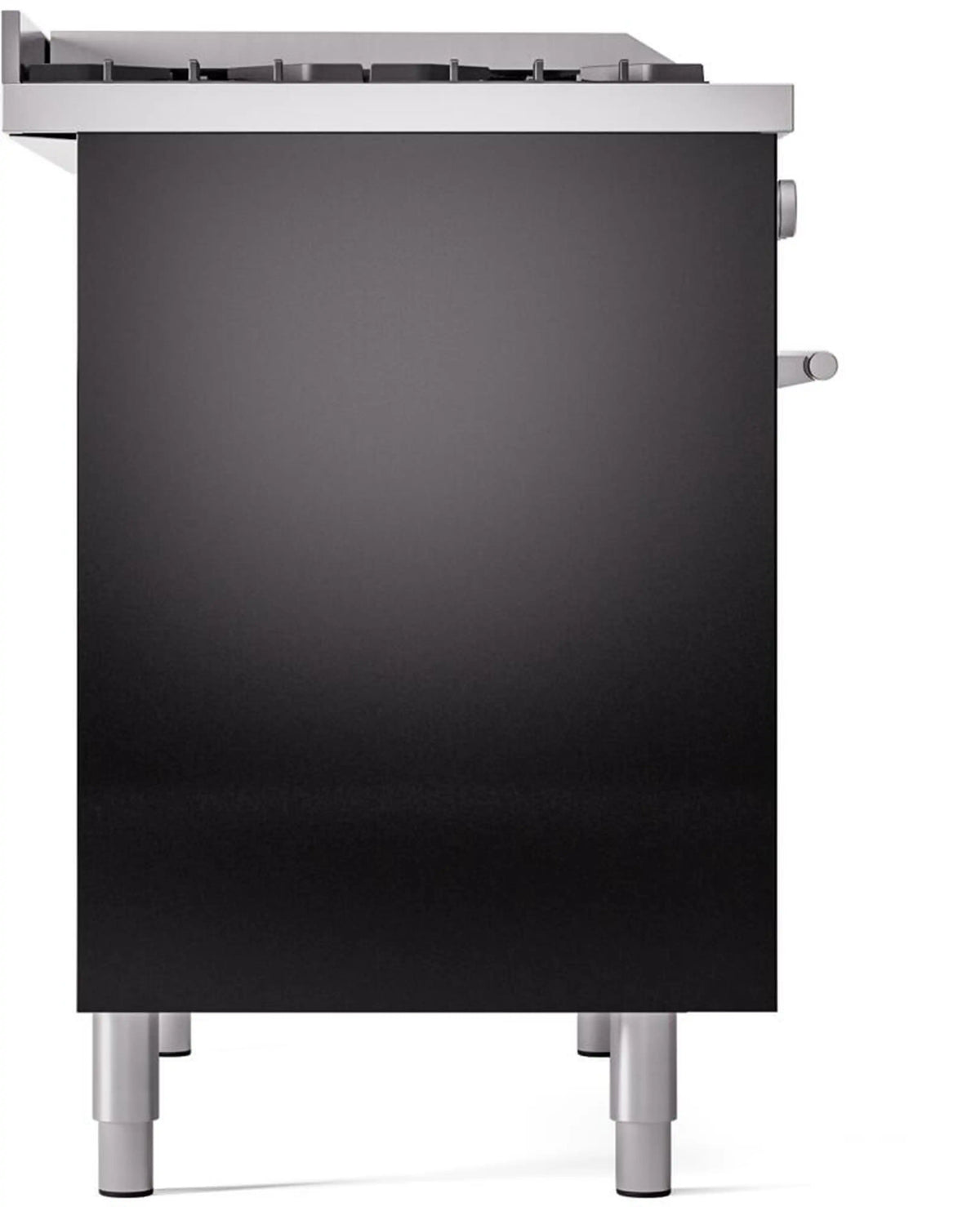 Glossy black range side panel with rear control knob and four leveling legs