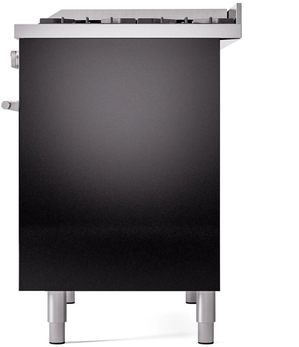 Glossy black range back panel with control knob and four leveling legs