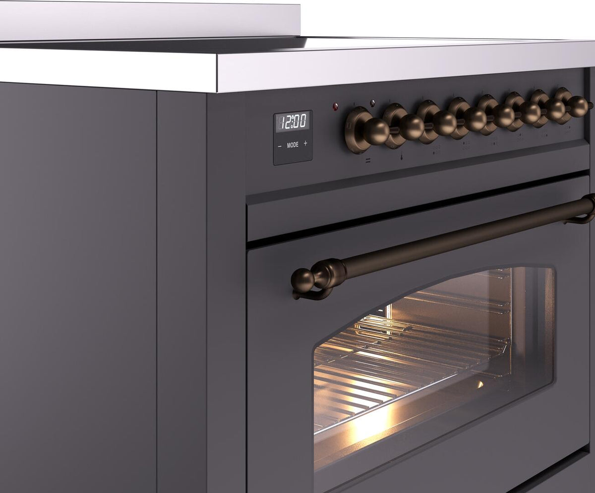 Bronze control knobs and oven door handle on matte graphite freestanding range