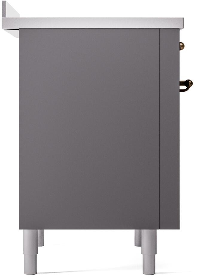 Matte graphite side panel of freestanding induction range with leveling legs