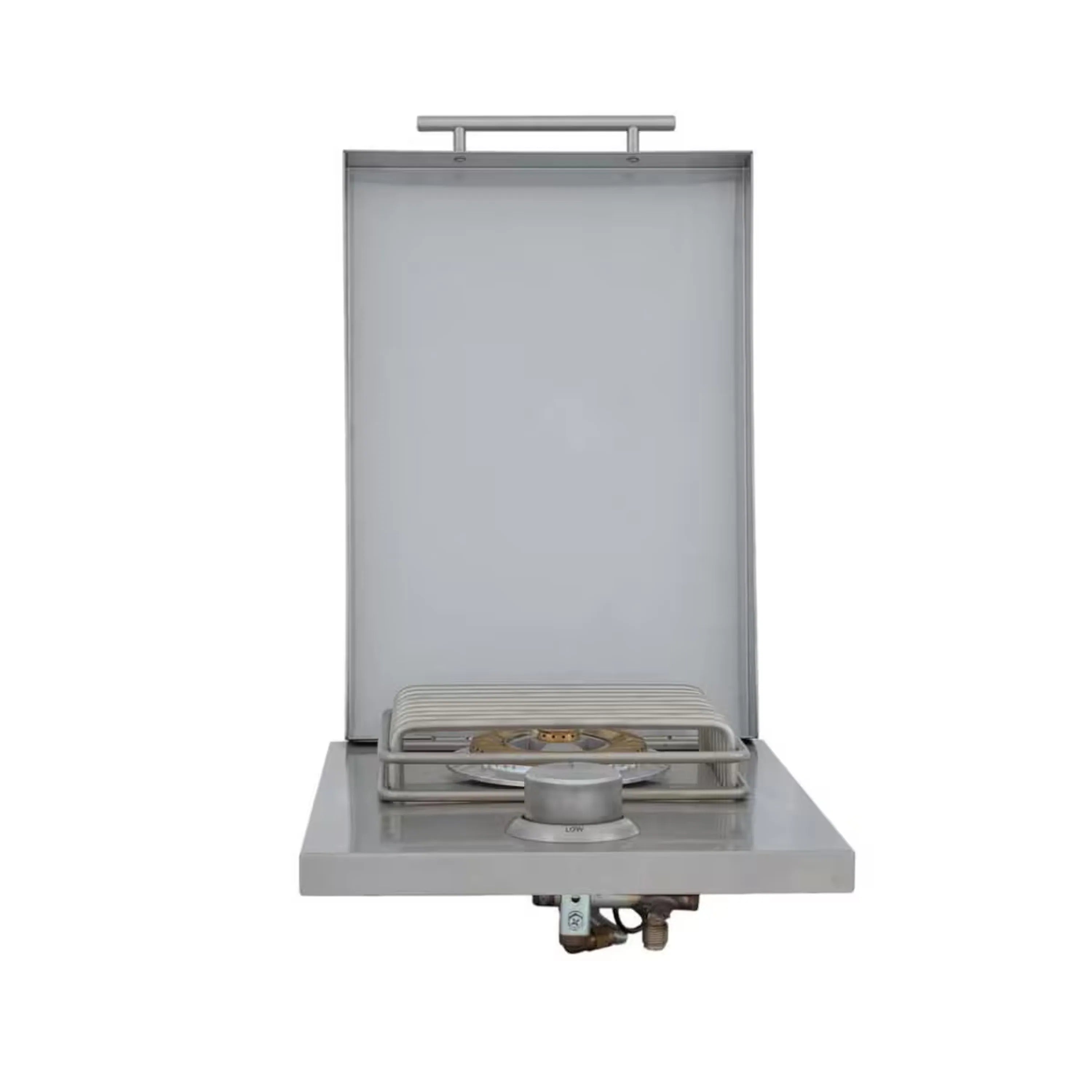 Stainless steel drop-in side burner with open wind guard and burner grate