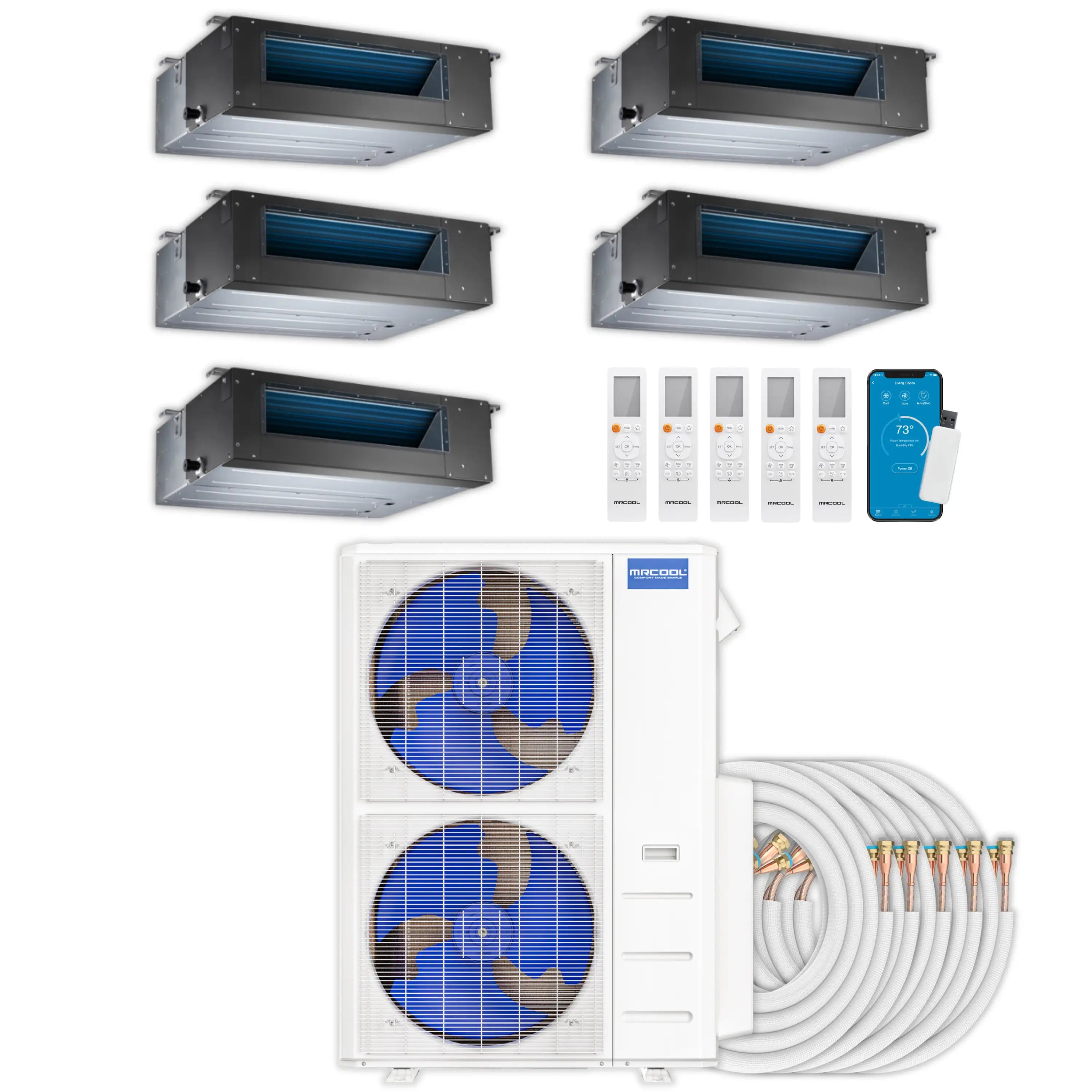 Multi-zone ducted air handler set with wall controller and refrigerant line kit