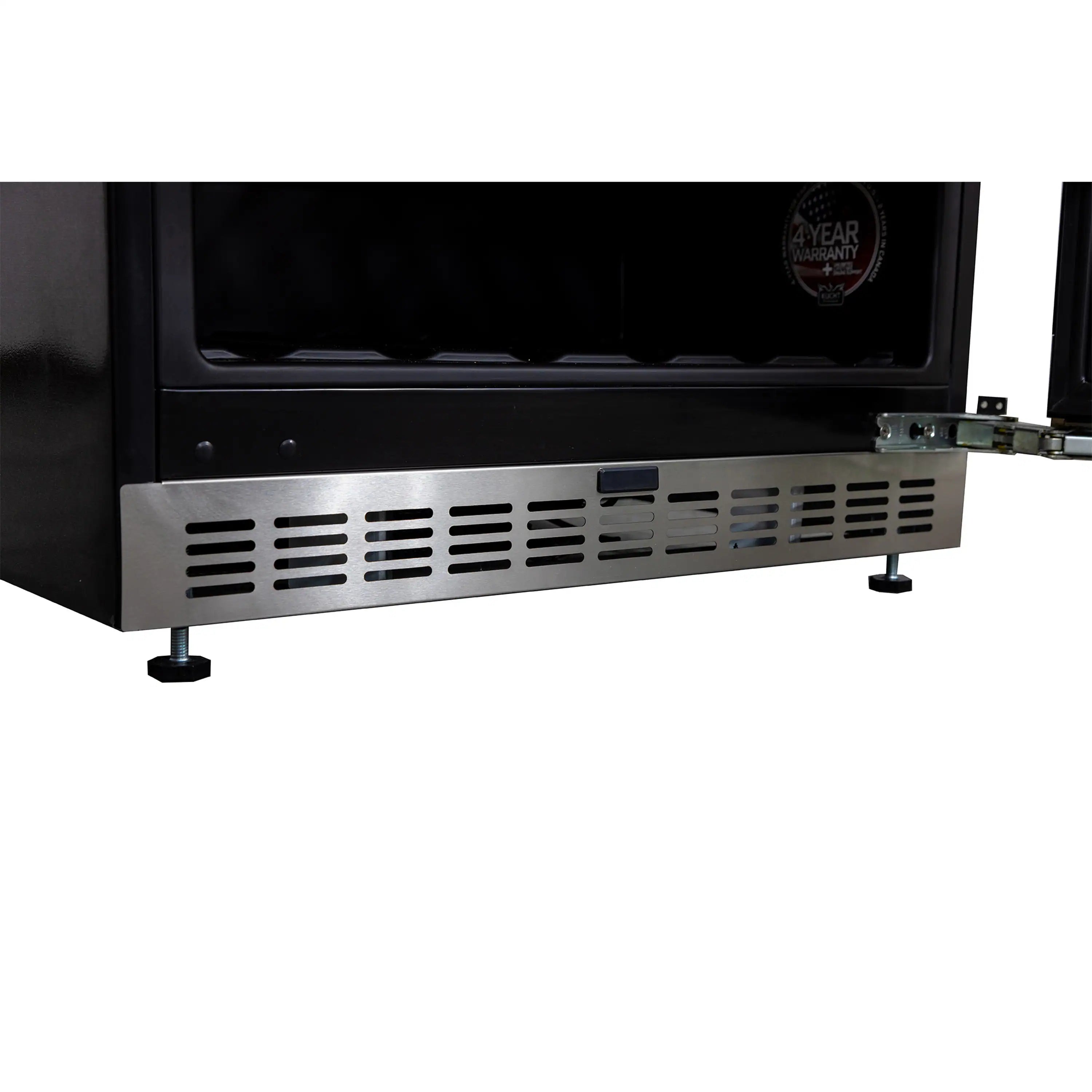 Wine cooler base with vented metal grille and leveling feet on black cabinet