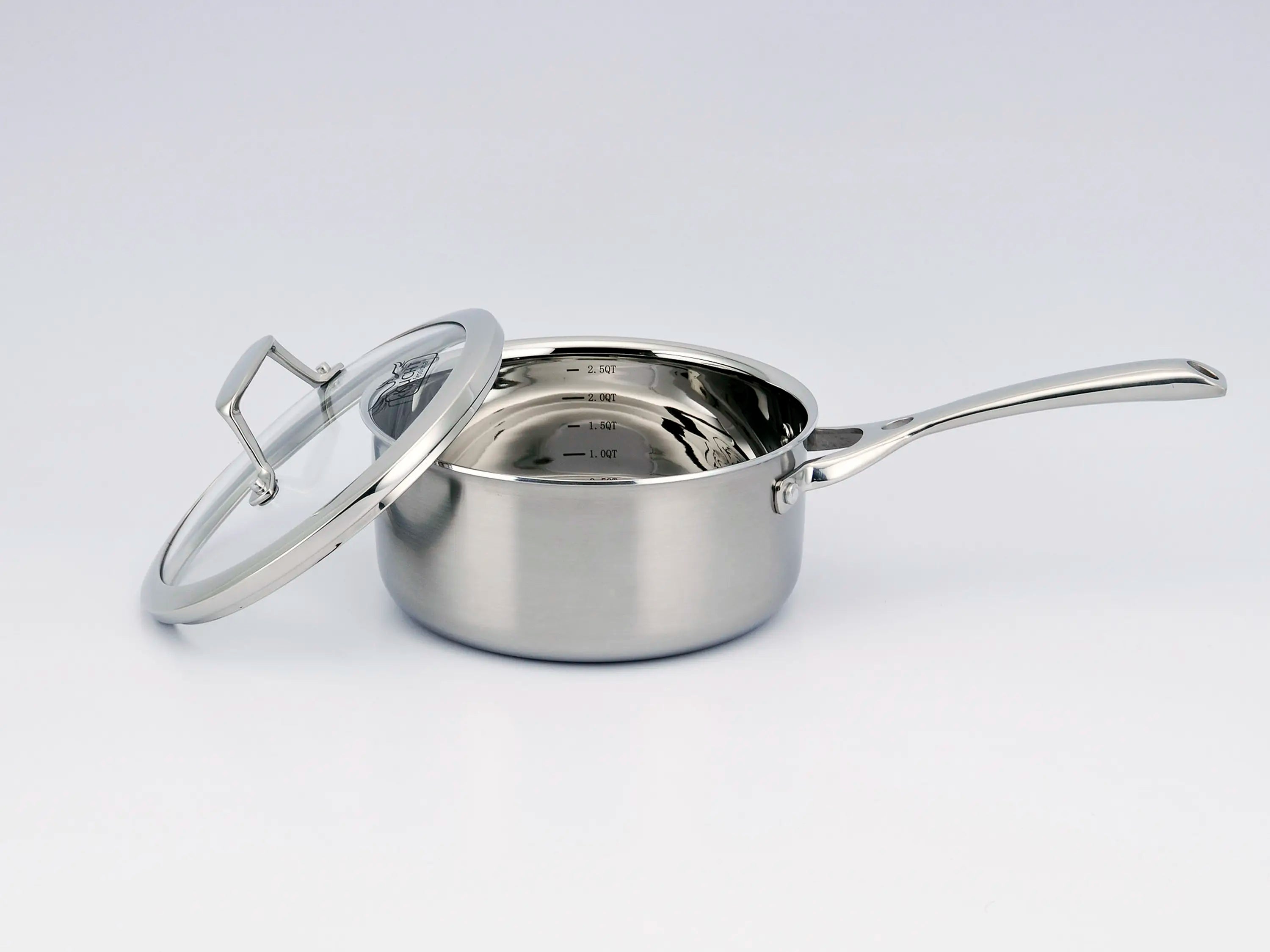 Stainless steel saucepan with lid and dual riveted handles, mirror finish