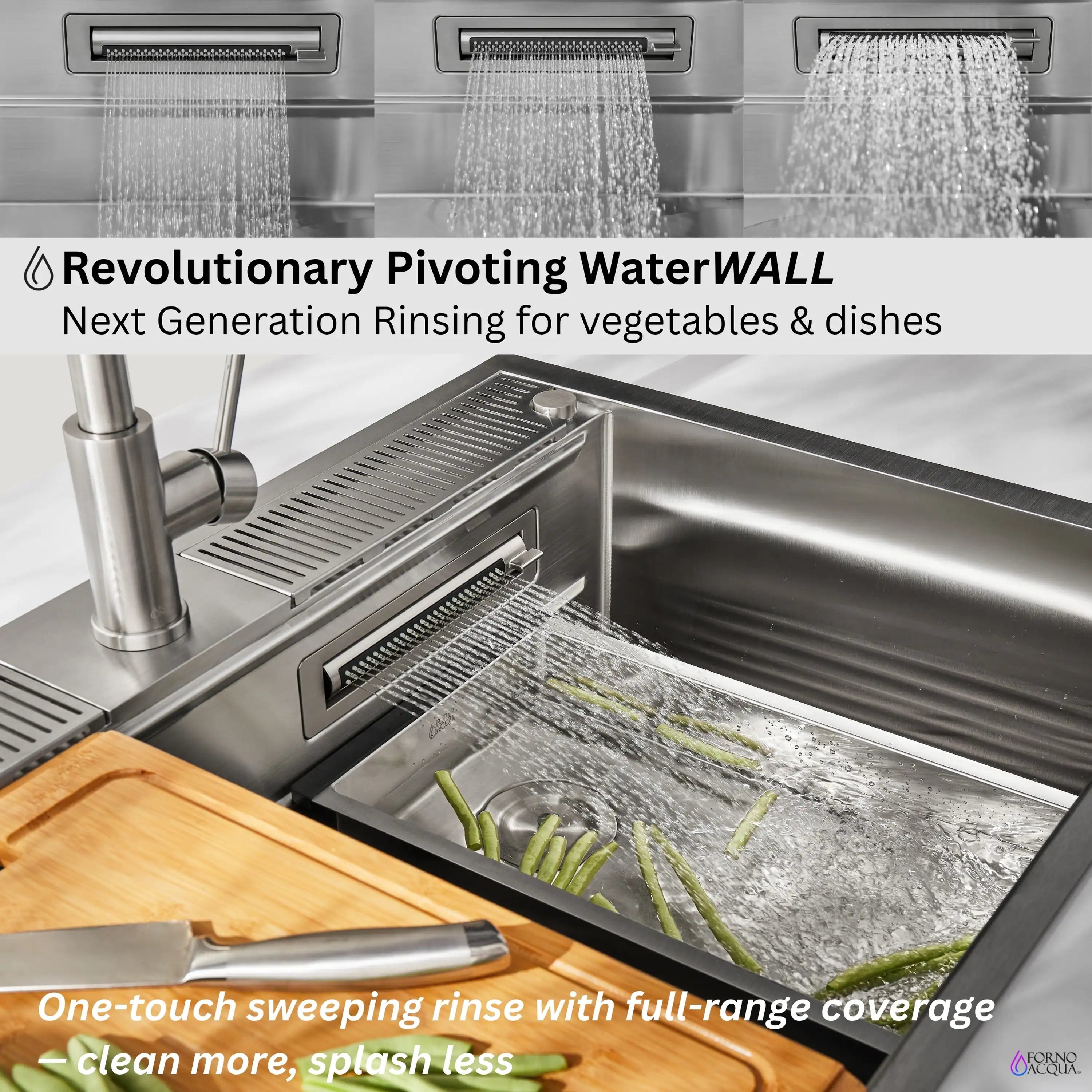 Stainless steel workstation sink with pivoting water wall rinsing vegetables
