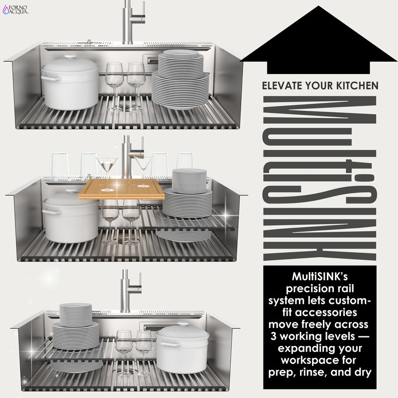 Forno Acqua 33-Inch Drop-In/Undermount 3 Level Workstation Sink with Faucet, Waterfall & Glass Rinser (E-ZP30)