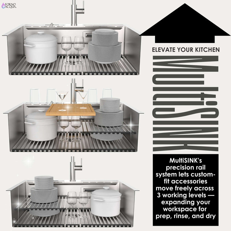 Forno Acqua 33-Inch Drop-In/Undermount 3-Level Workstation Sink with Waterfall Faucet & Glass Rinser (D-XP30)