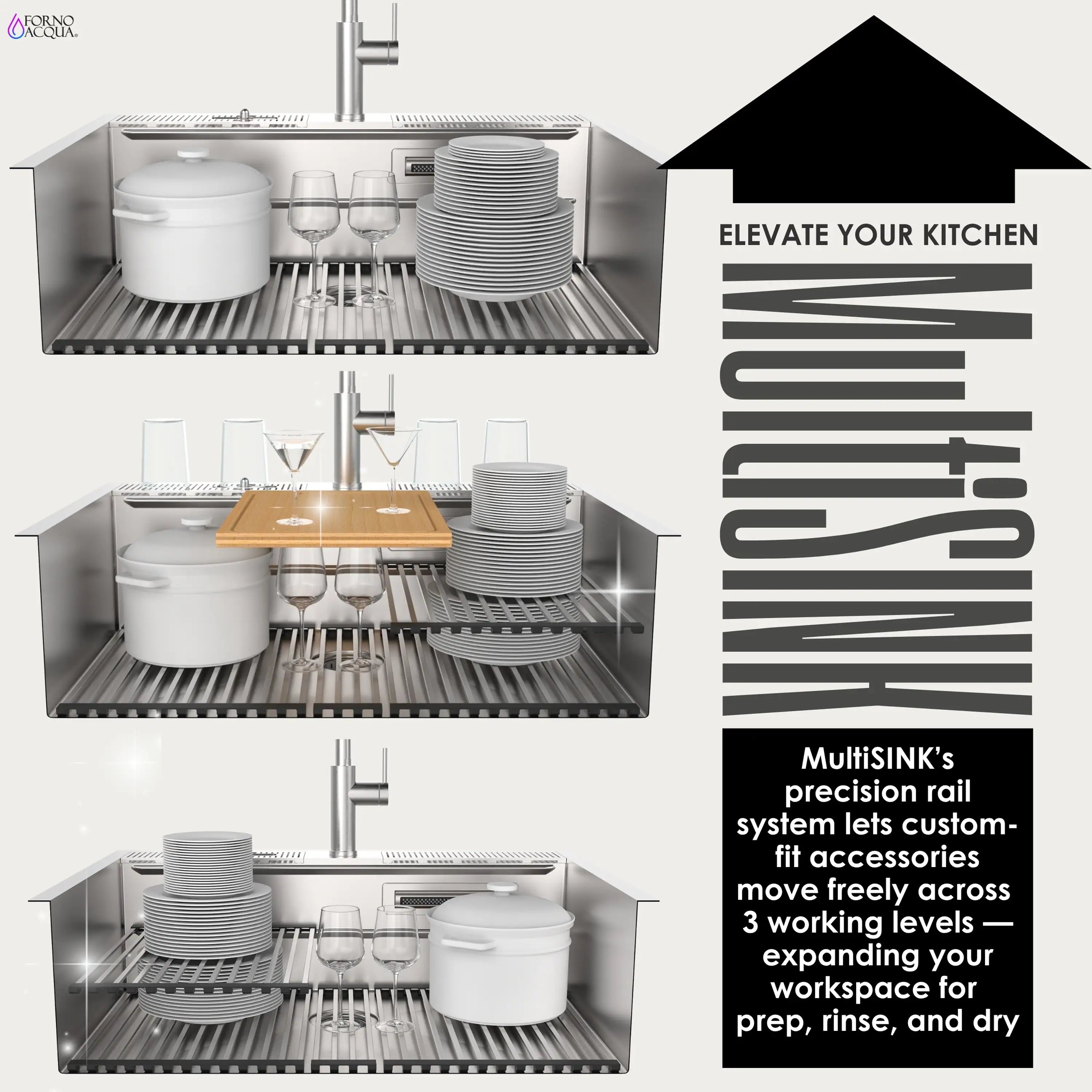 Stainless steel MultiSINK workstation sink with multiple compartments and accessory rail system