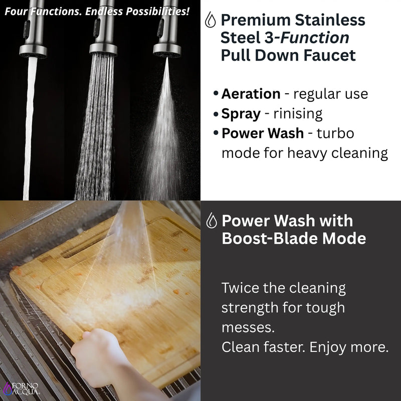 Forno Acqua 33-Inch Drop-In/Undermount 3 Level Workstation Sink with Faucet, Waterfall & Glass Rinser (E-ZP30)