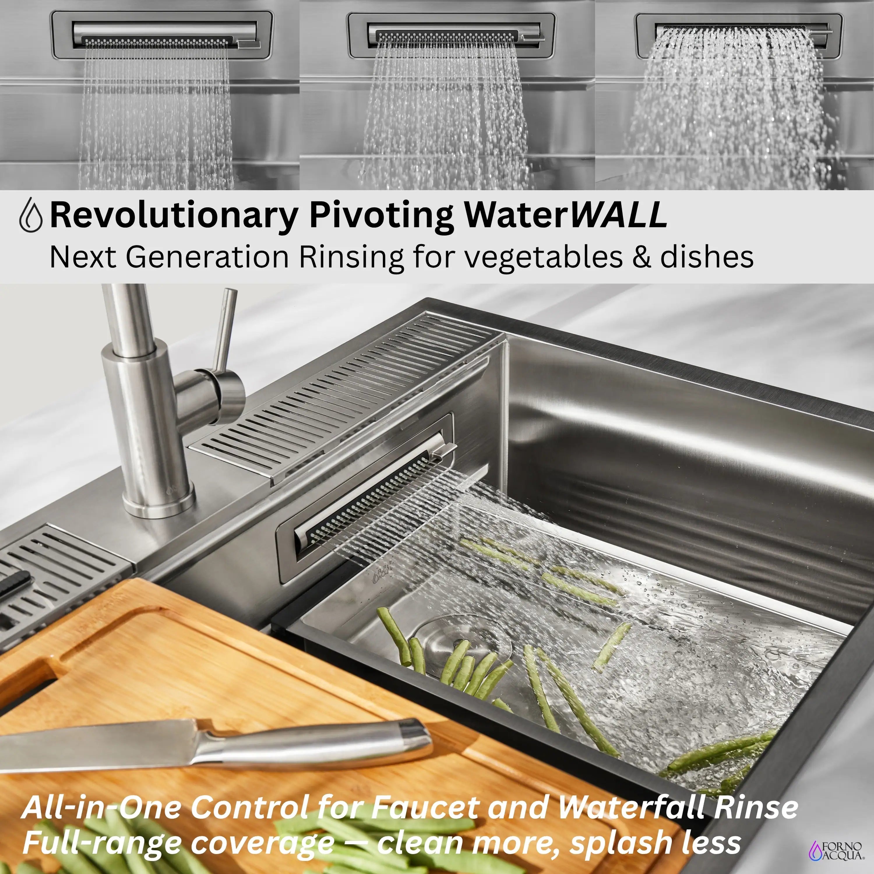 Pivoting waterwall rinse feature spraying into stainless sink basin