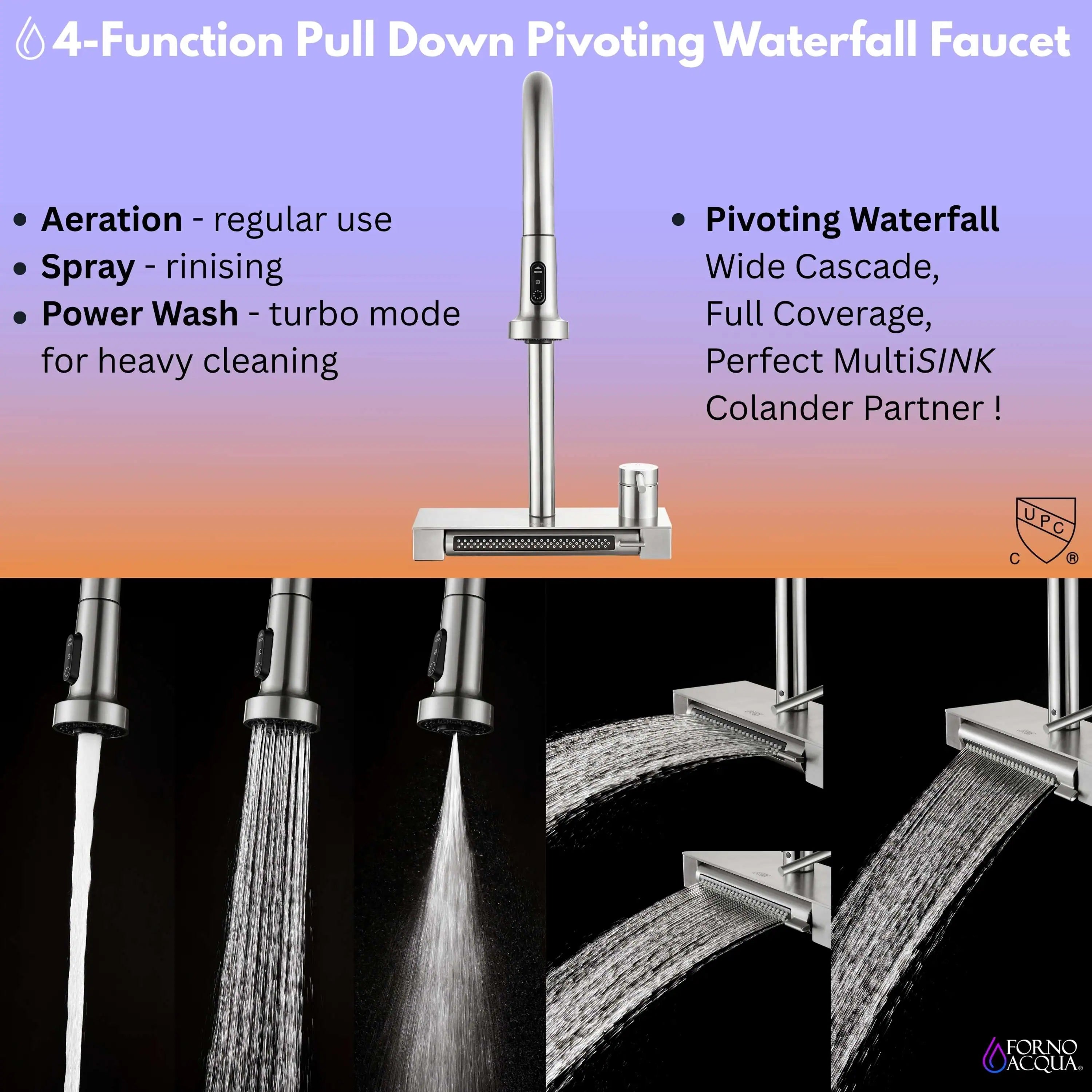Multi-function pull-down waterfall faucet with spray modes for sink workstation
