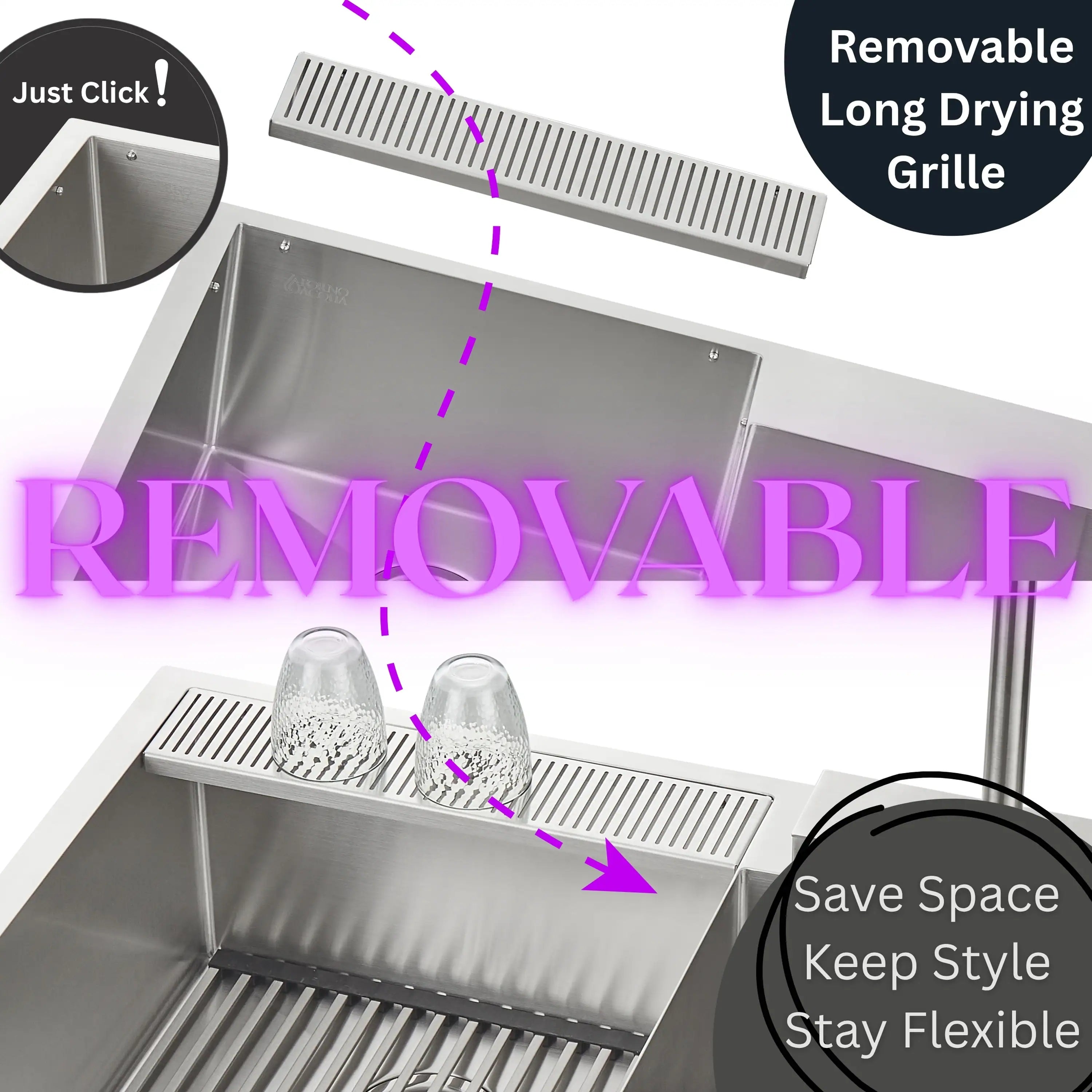 Stainless steel double-bowl kitchen sink with waterfall faucet and drying grille