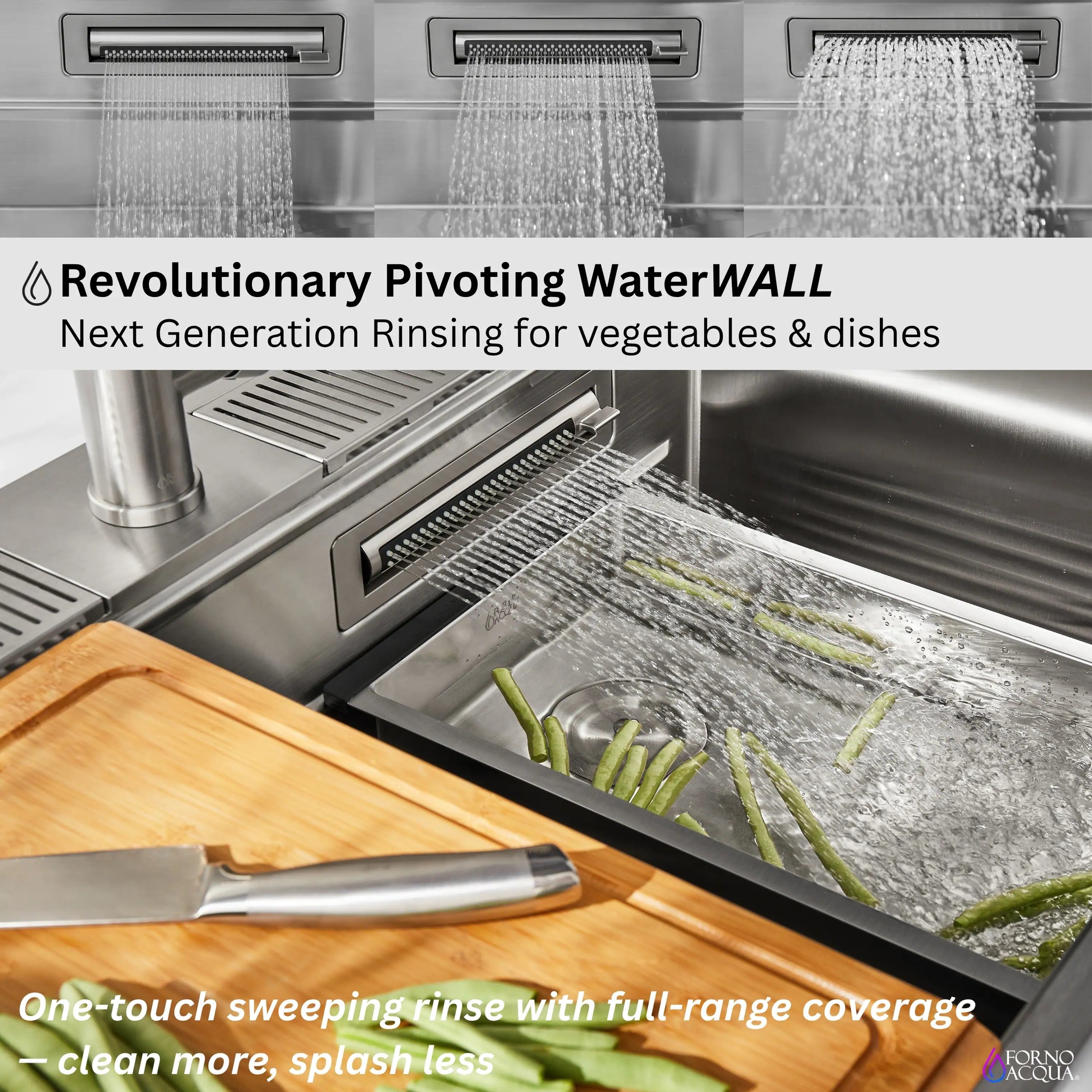 Stainless steel multi-rinse workstation sink with pivoting water wall and draining channels