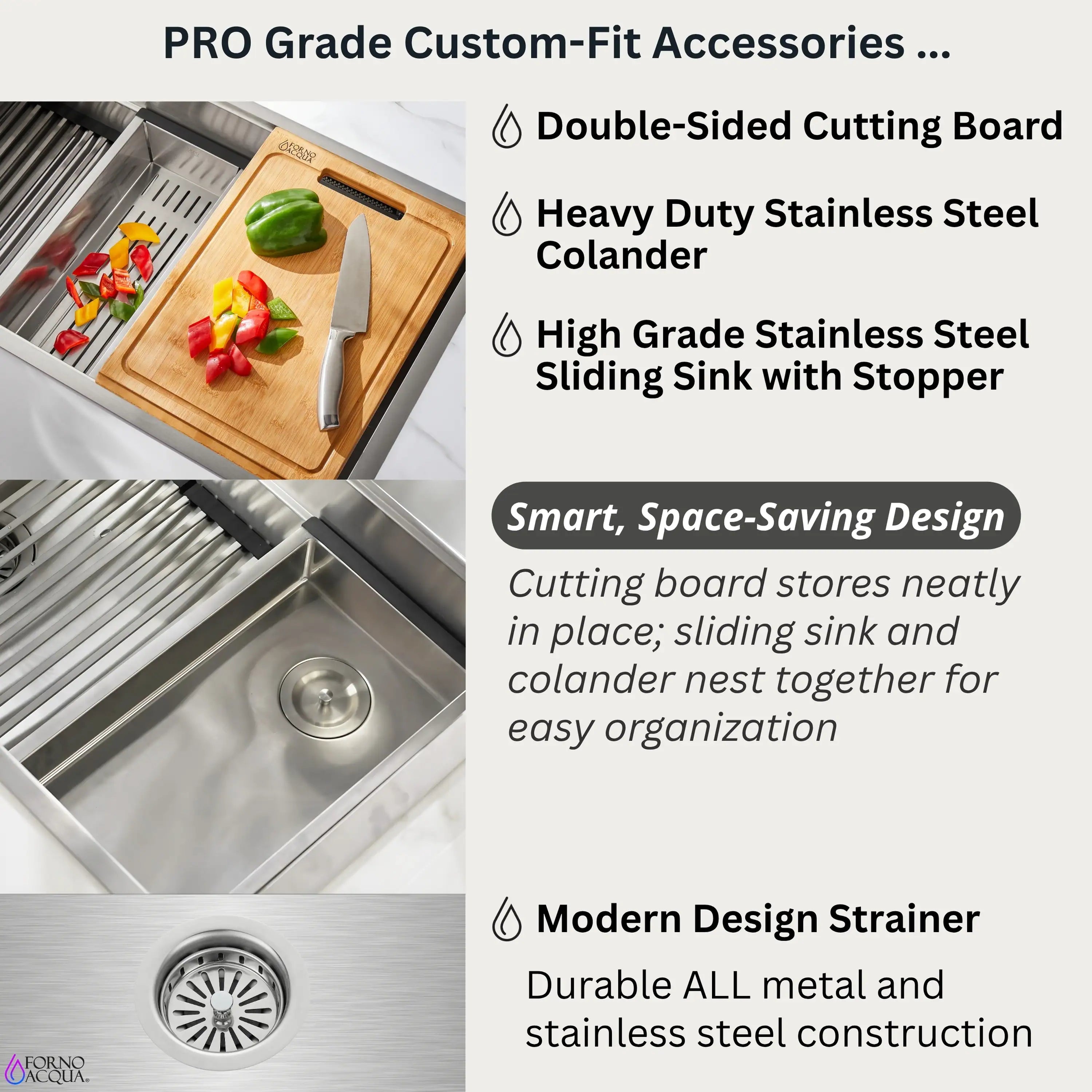 Stainless MultiSINK accessories: cutting board, sliding sink, colander, and strainer