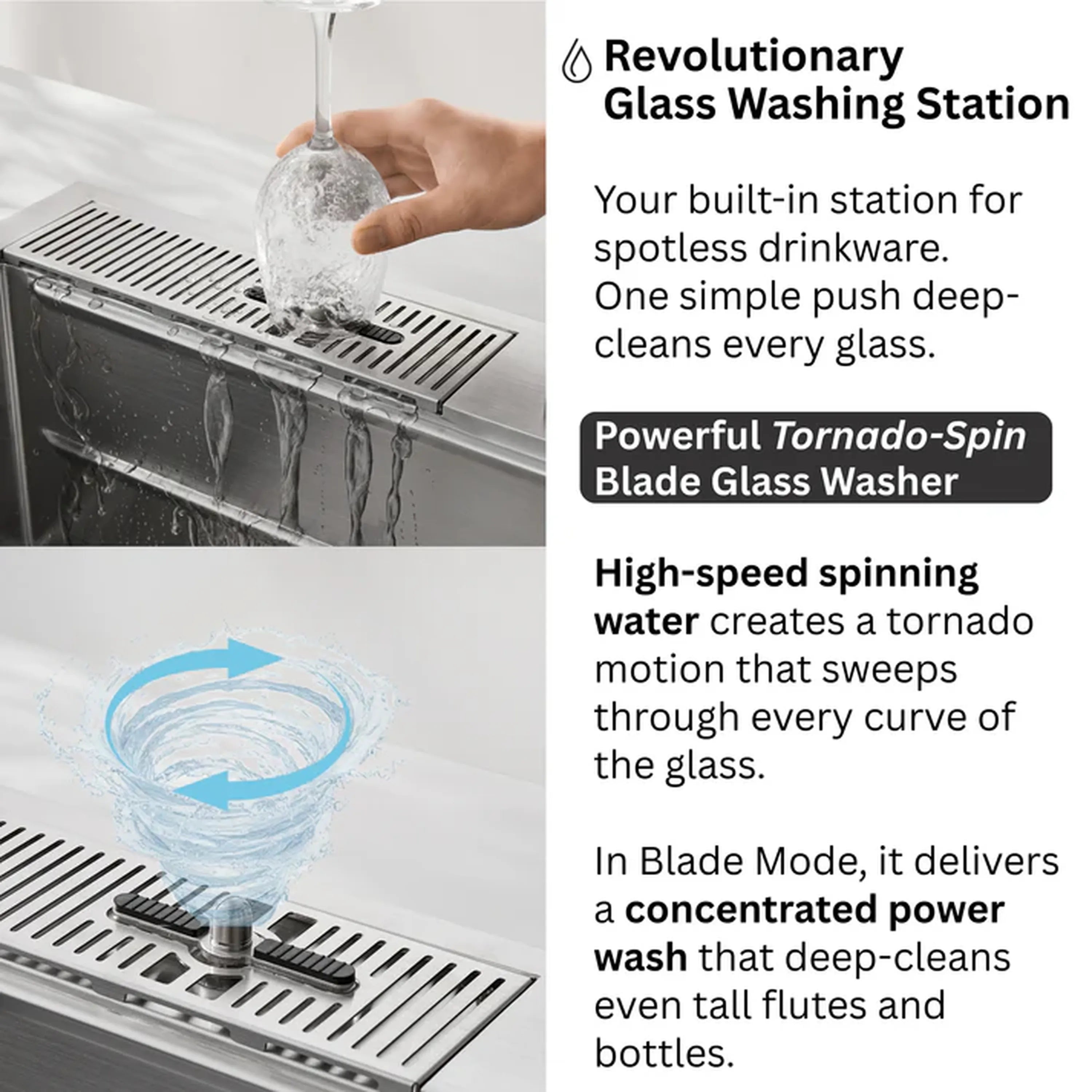 Glass washing station on the sink deck with high-speed water rinse around glassware