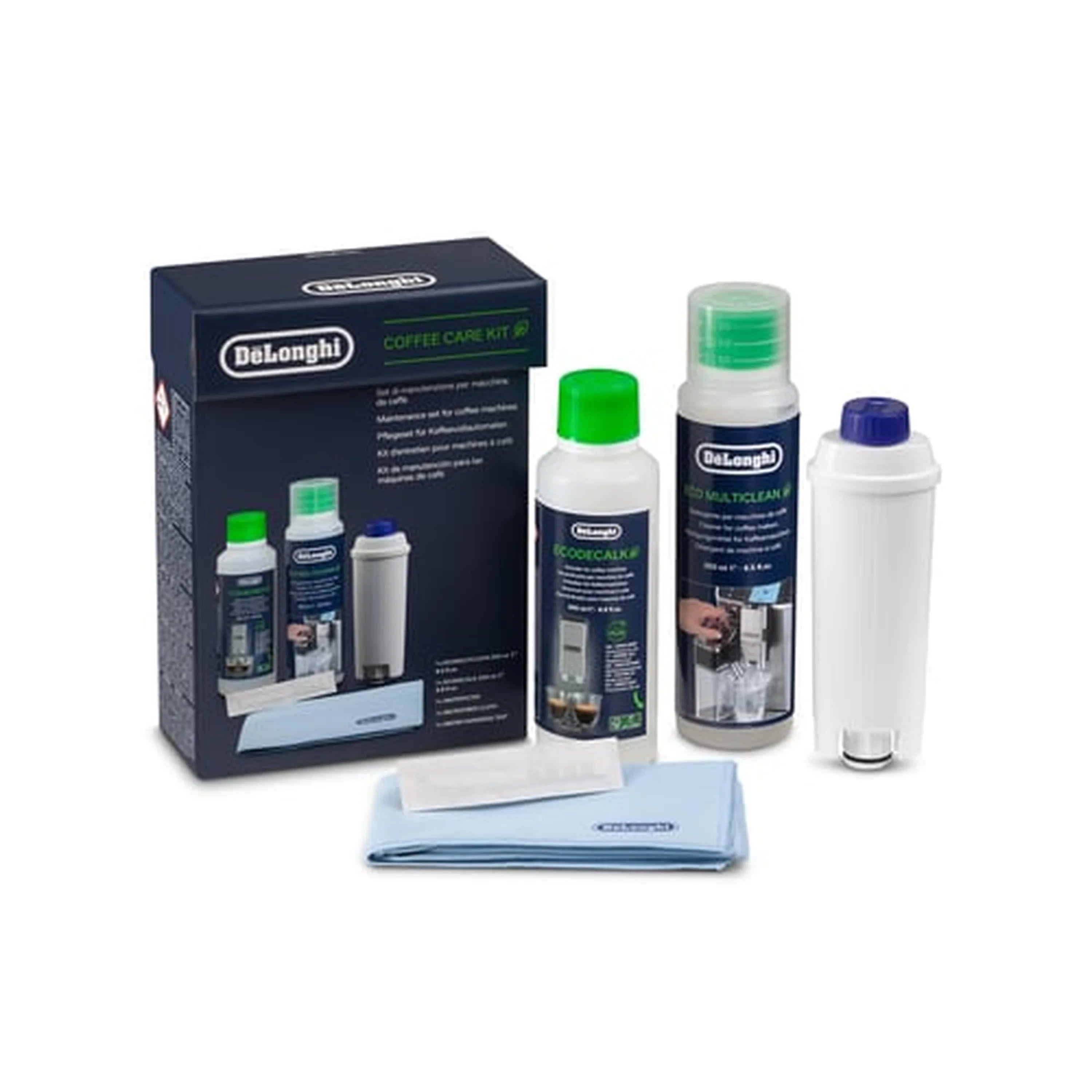 De'Longhi coffee care kit with cleaner bottles and cleaning cloth