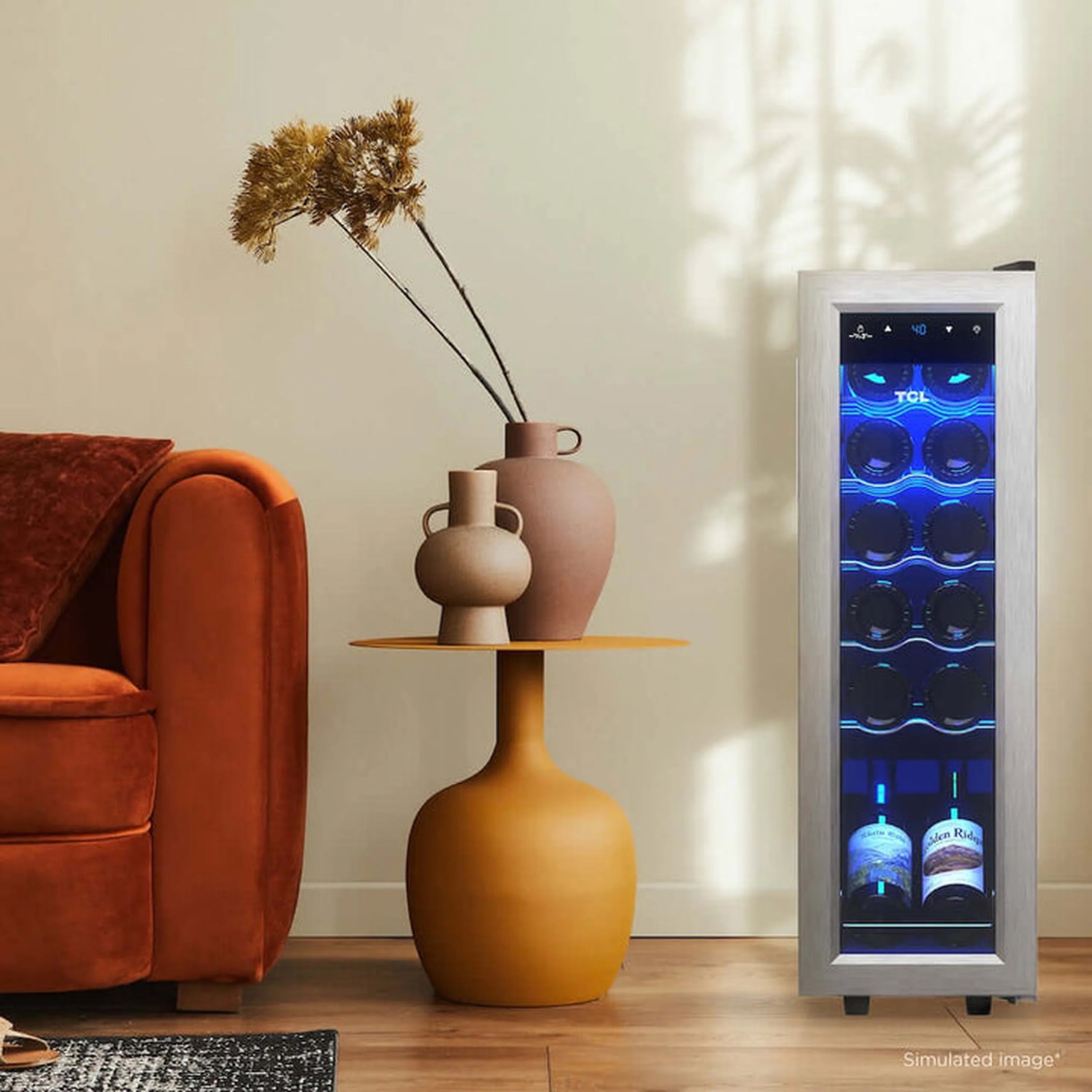 Freestanding wine cooler with glass door and blue LED interior, black cabinet