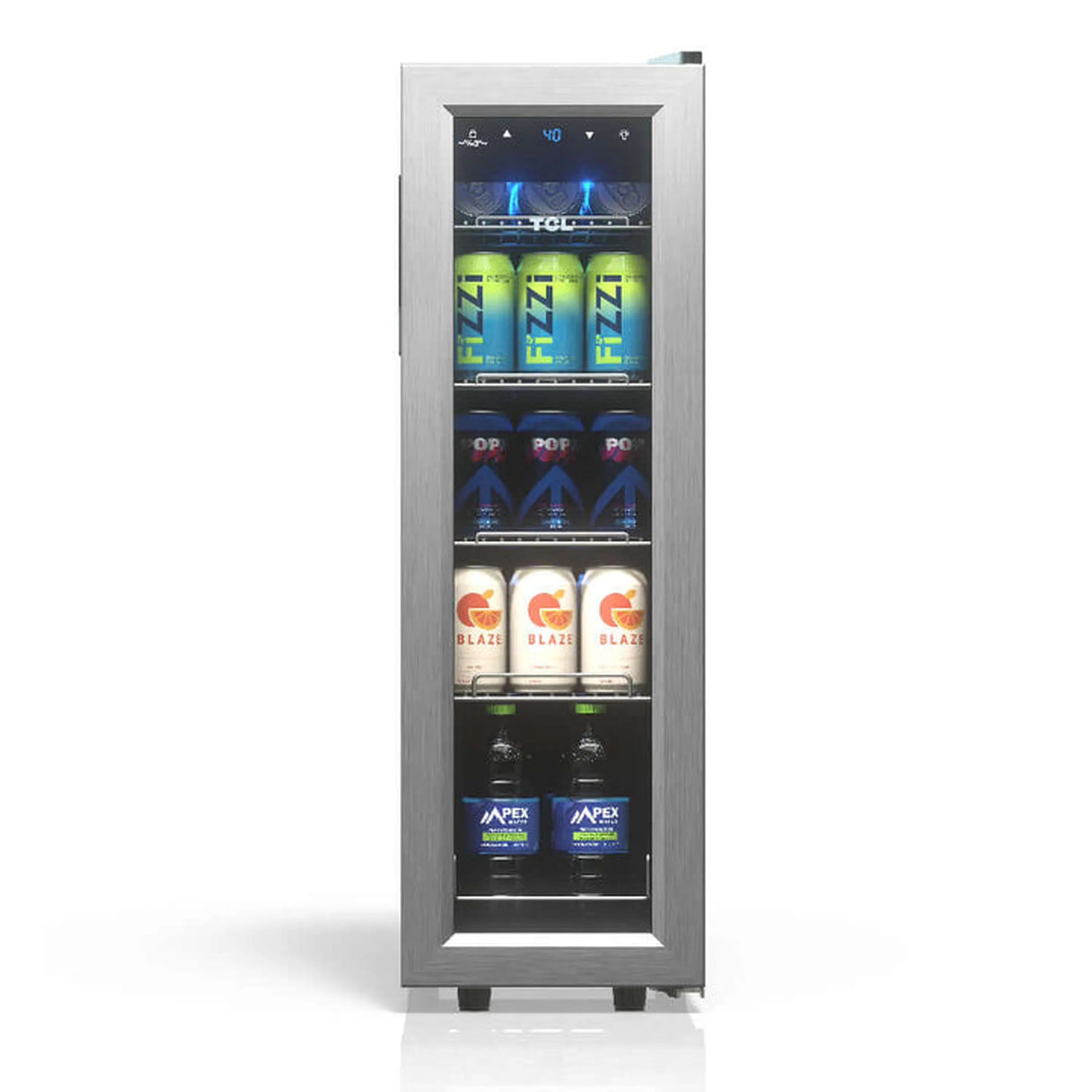Freestanding beverage cooler with glass door and silver frame, LED interior shelves