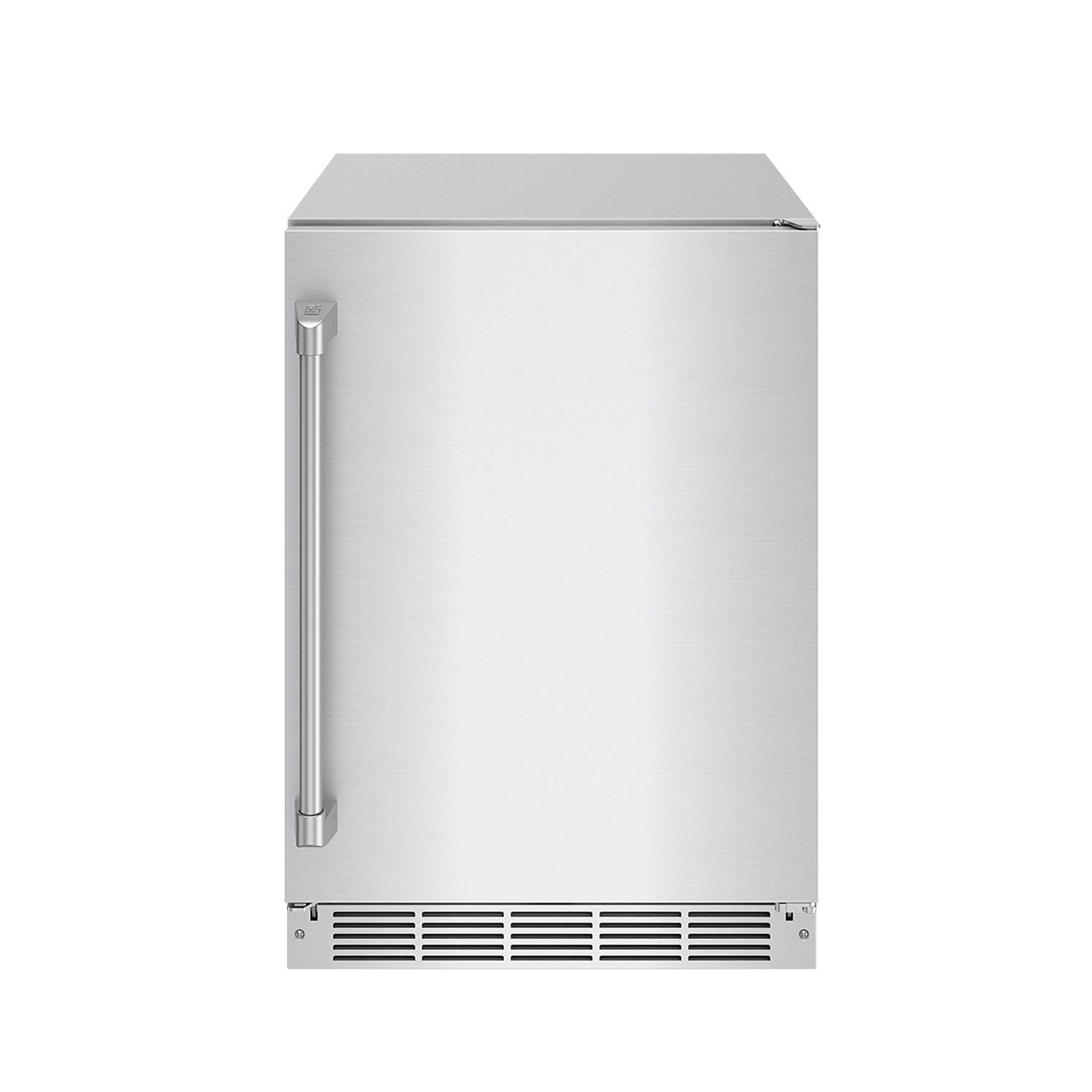 Stainless steel 24-inch undercounter beverage cooler with left vertical handle.