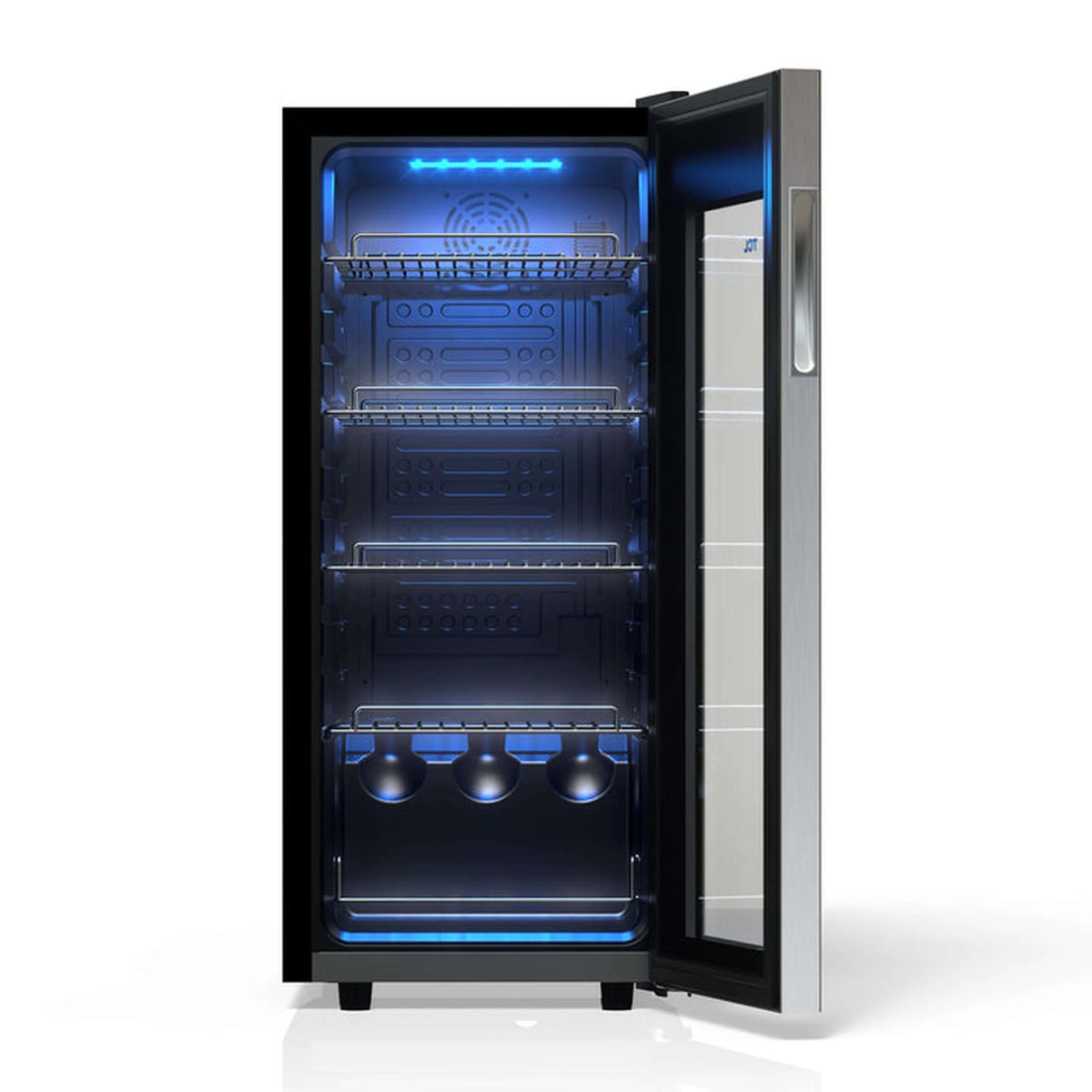 Freestanding beverage cooler with open glass door, wire shelves, and blue LED lighting