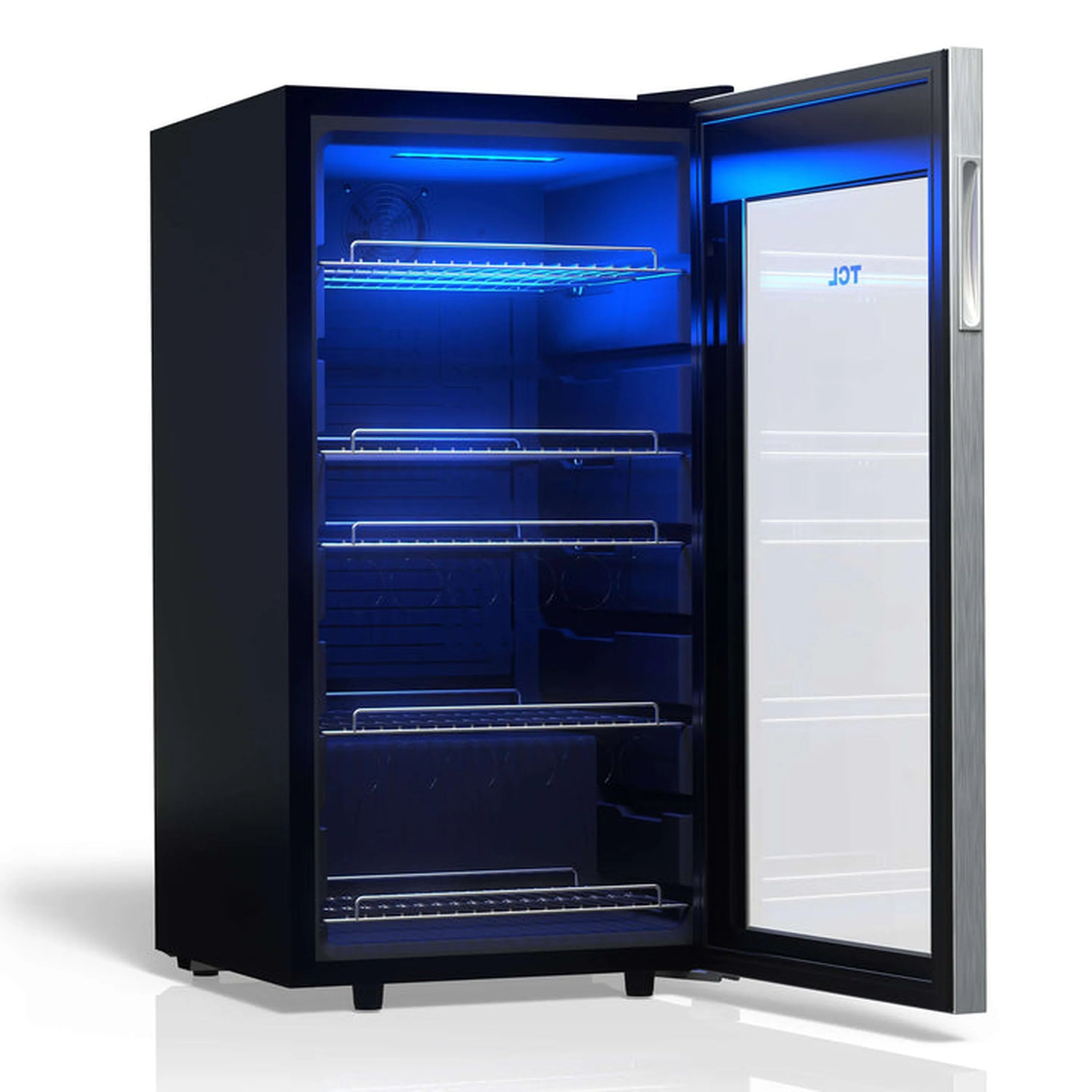 Freestanding beverage cooler with open glass door and blue LED-lit shelves