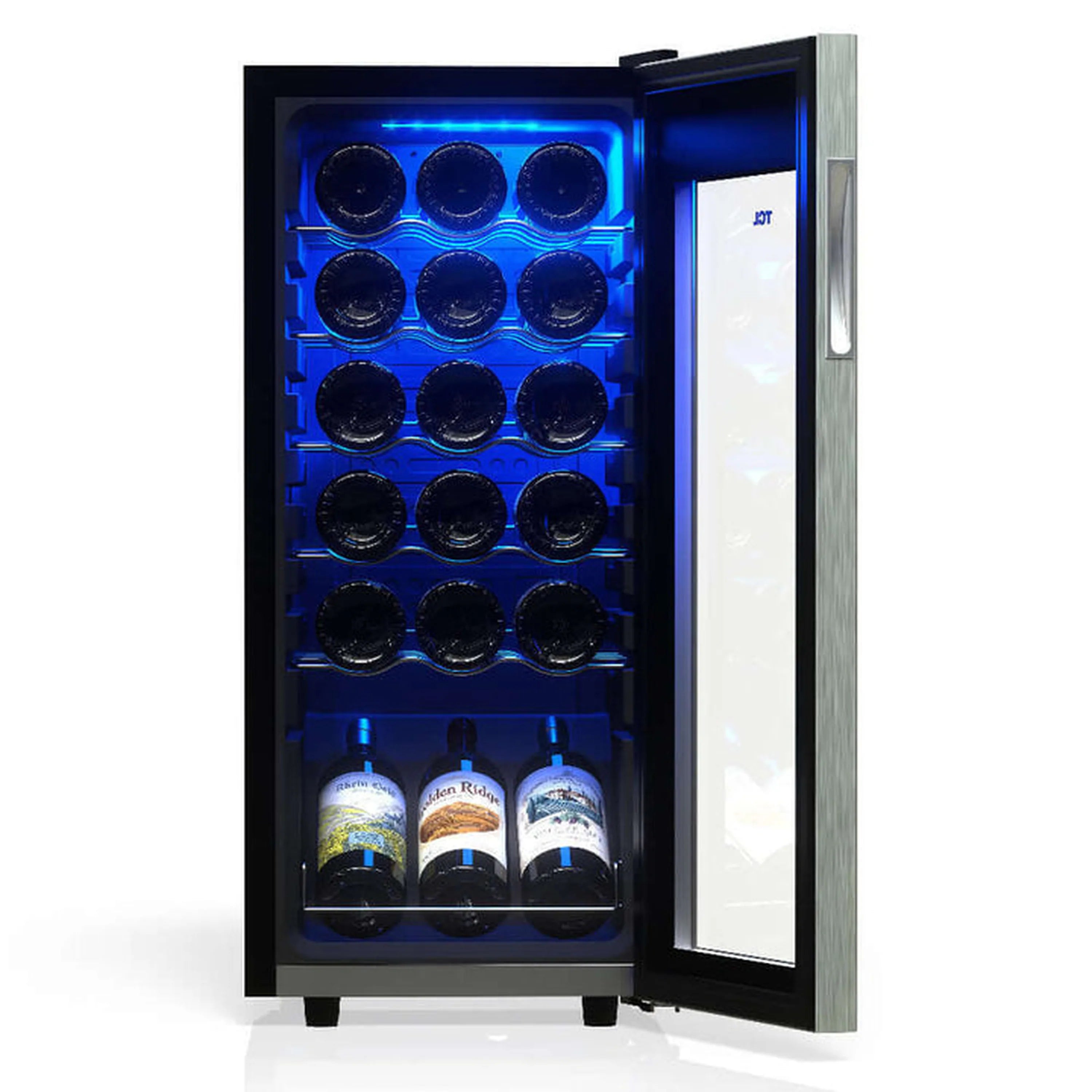 Wine cooler open view with blue interior LEDs, bottle rows, and glass-front door
