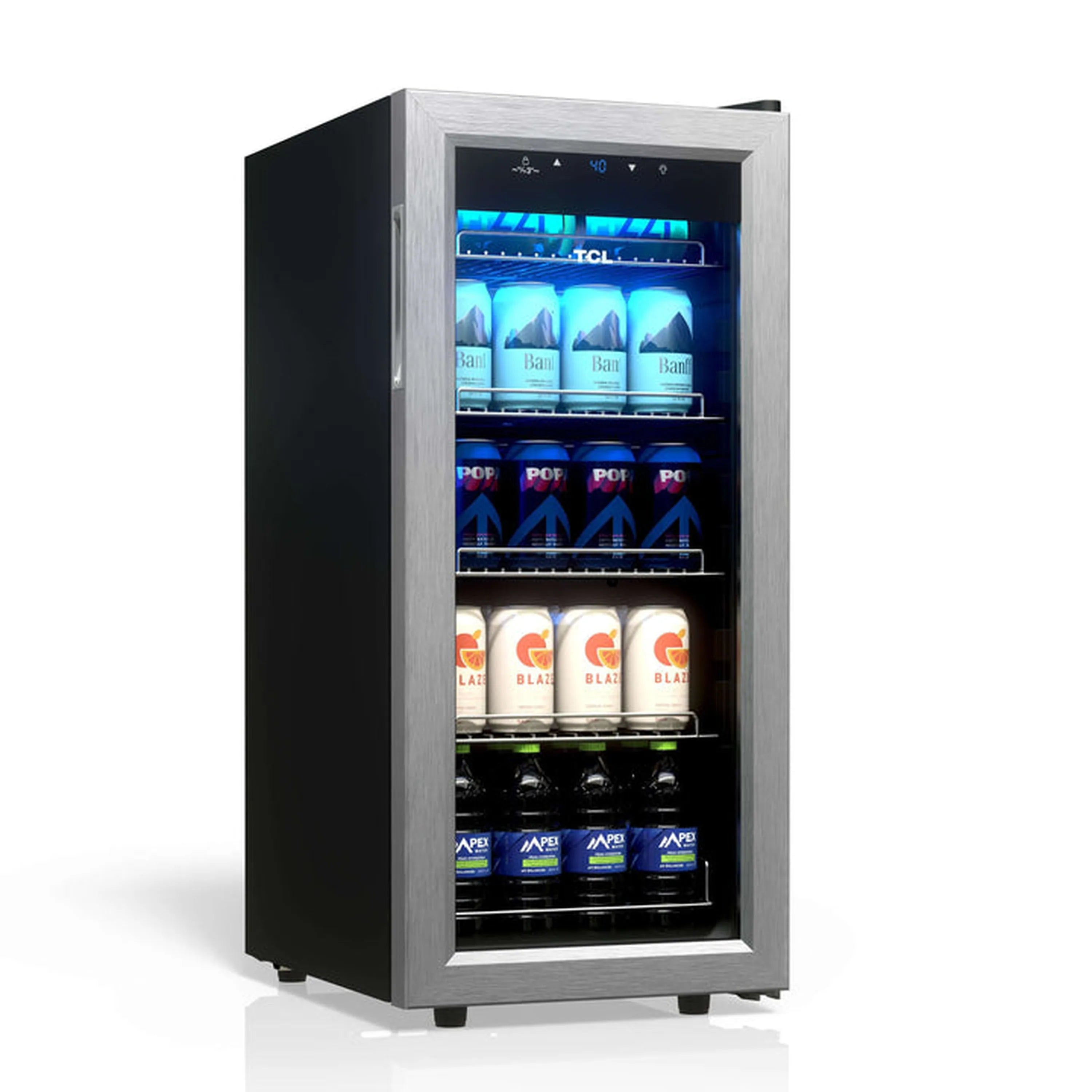 Freestanding beverage cooler with side profile and glass door, blue LED-lit shelves inside.