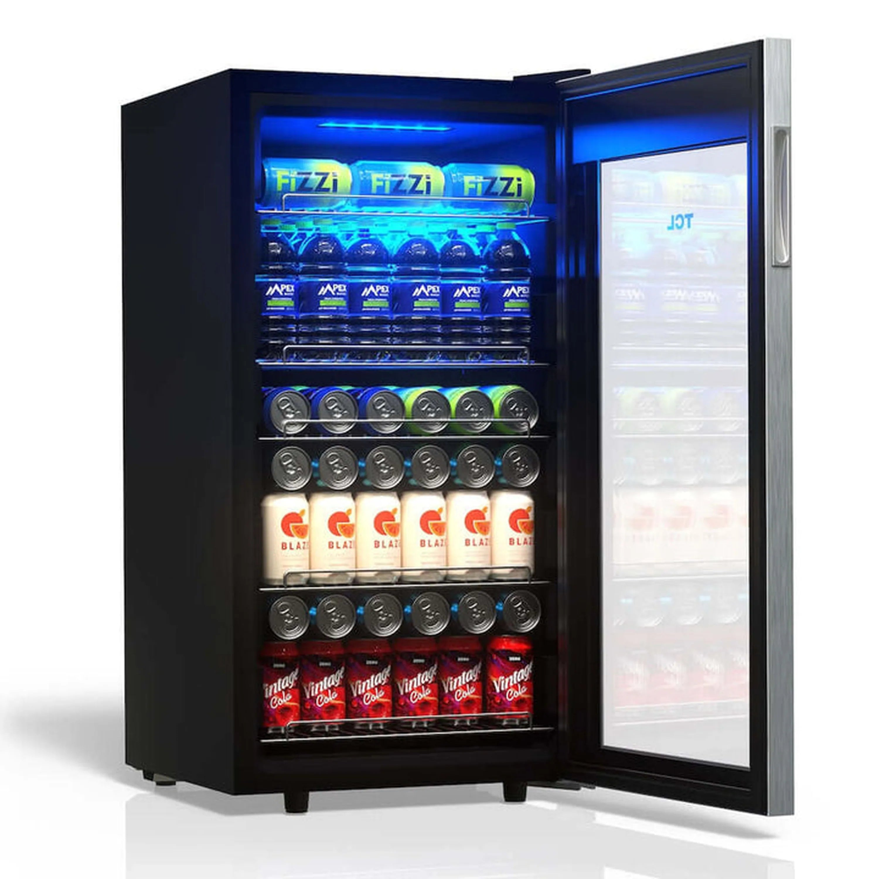 Freestanding beverage cooler with glass door and blue LED, stocked with drinks