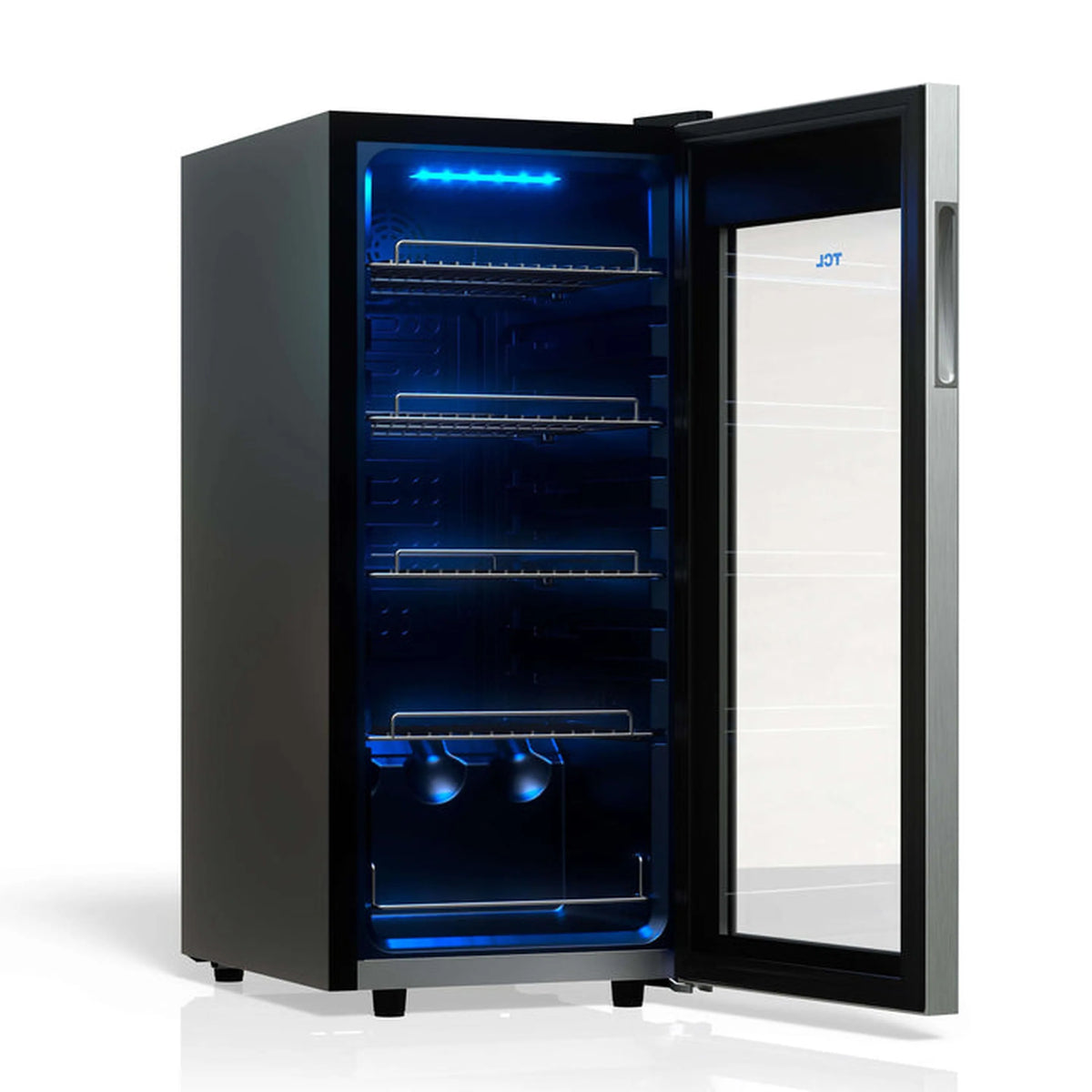 Freestanding beverage cooler with open door, blue interior LED light and wire shelves.