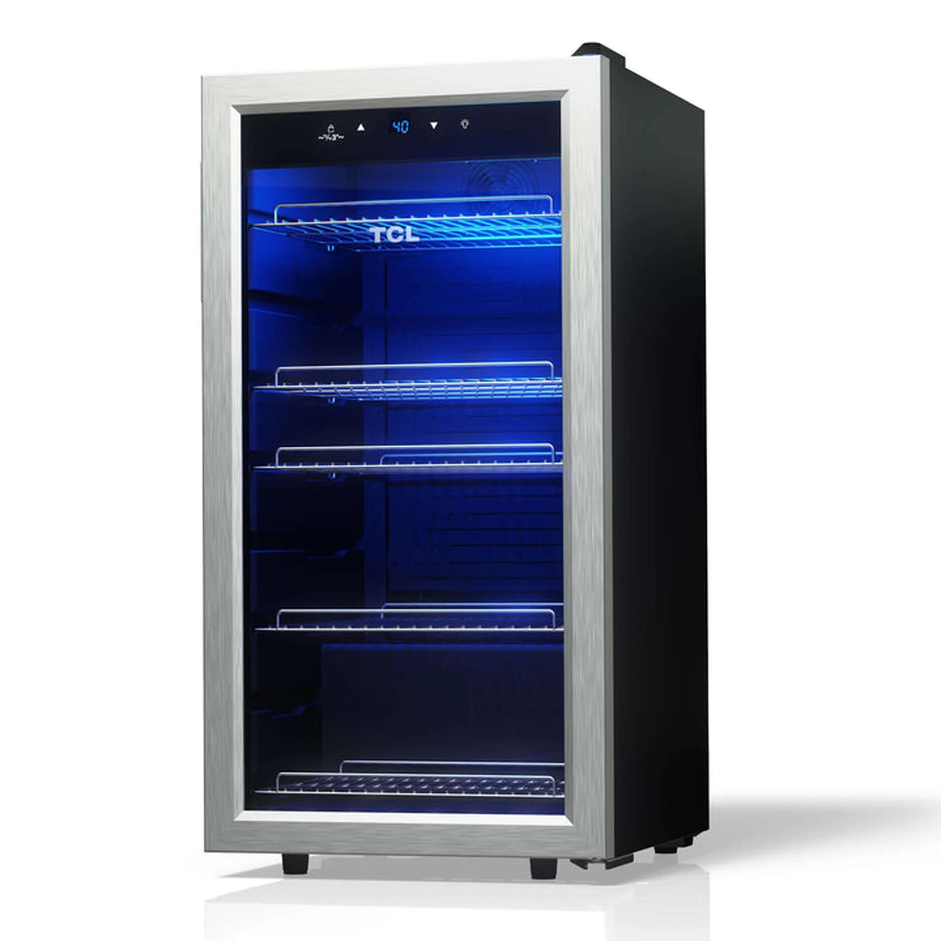 TCL beverage cooler with glass door and blue LED interior lighting